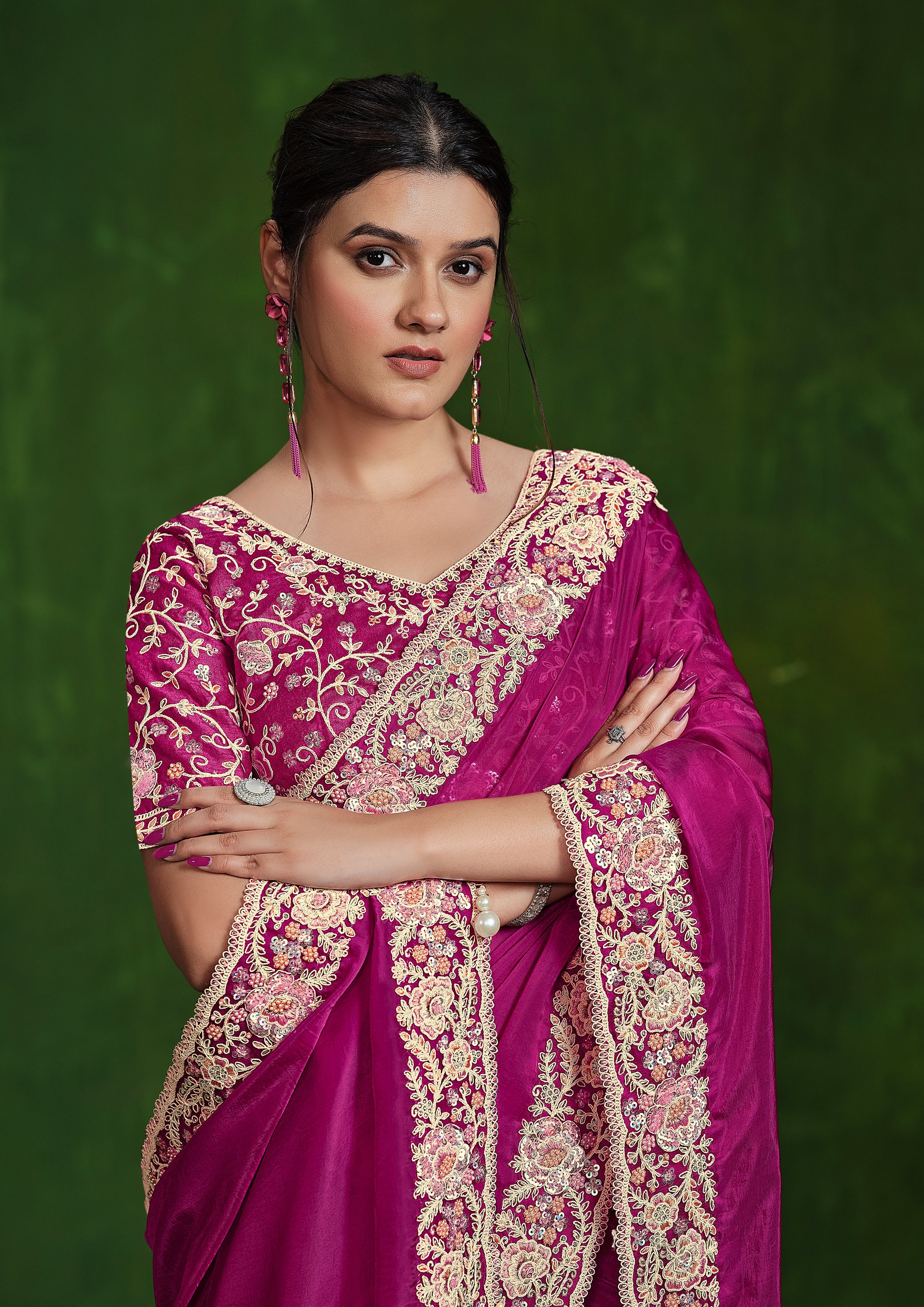 Poppy Pink Embellished Habutai Silk Saree