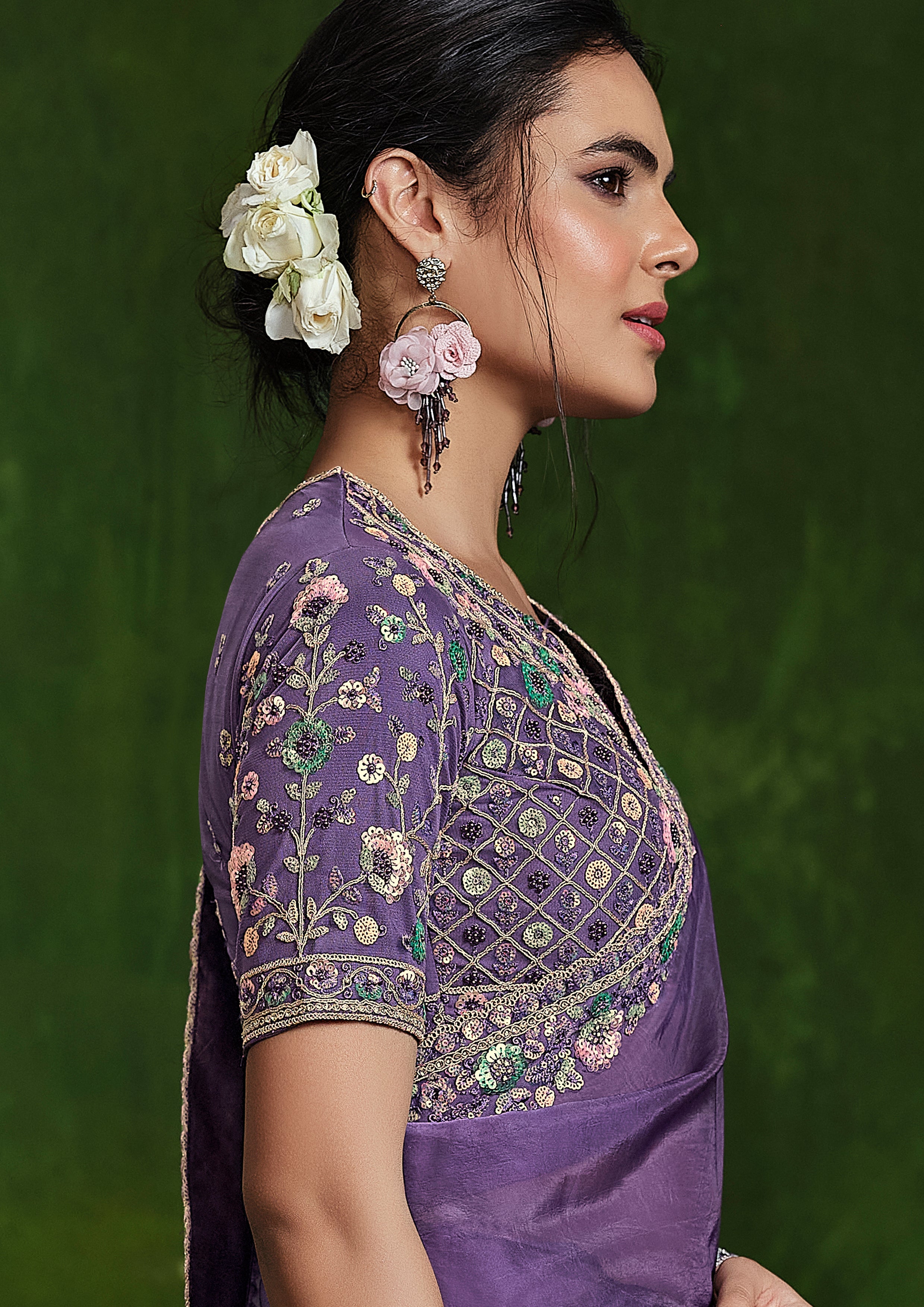 Grape Mist Embellished Habutai Silk Saree