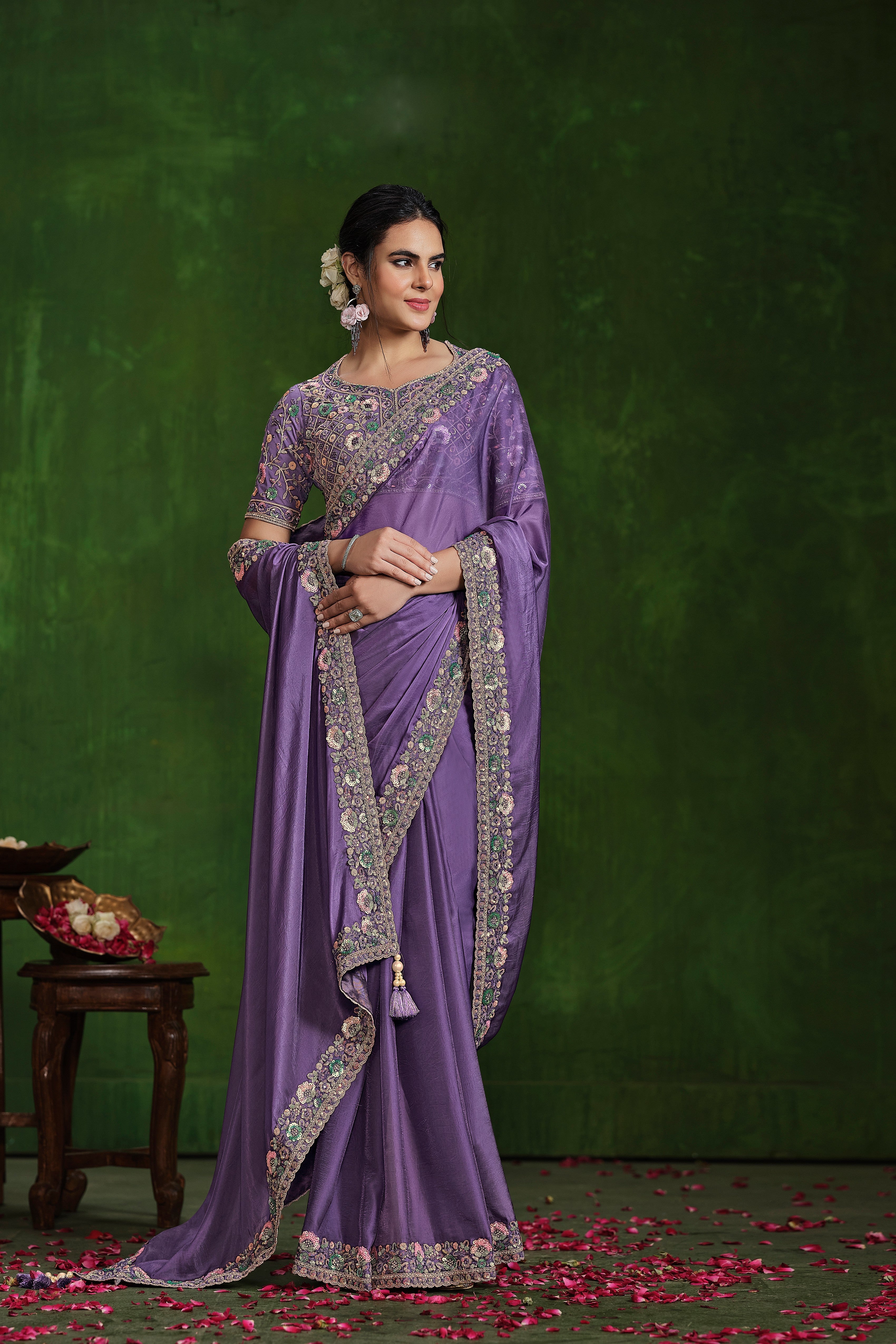 Bright Lavender Embellished Habotai Silk Saree