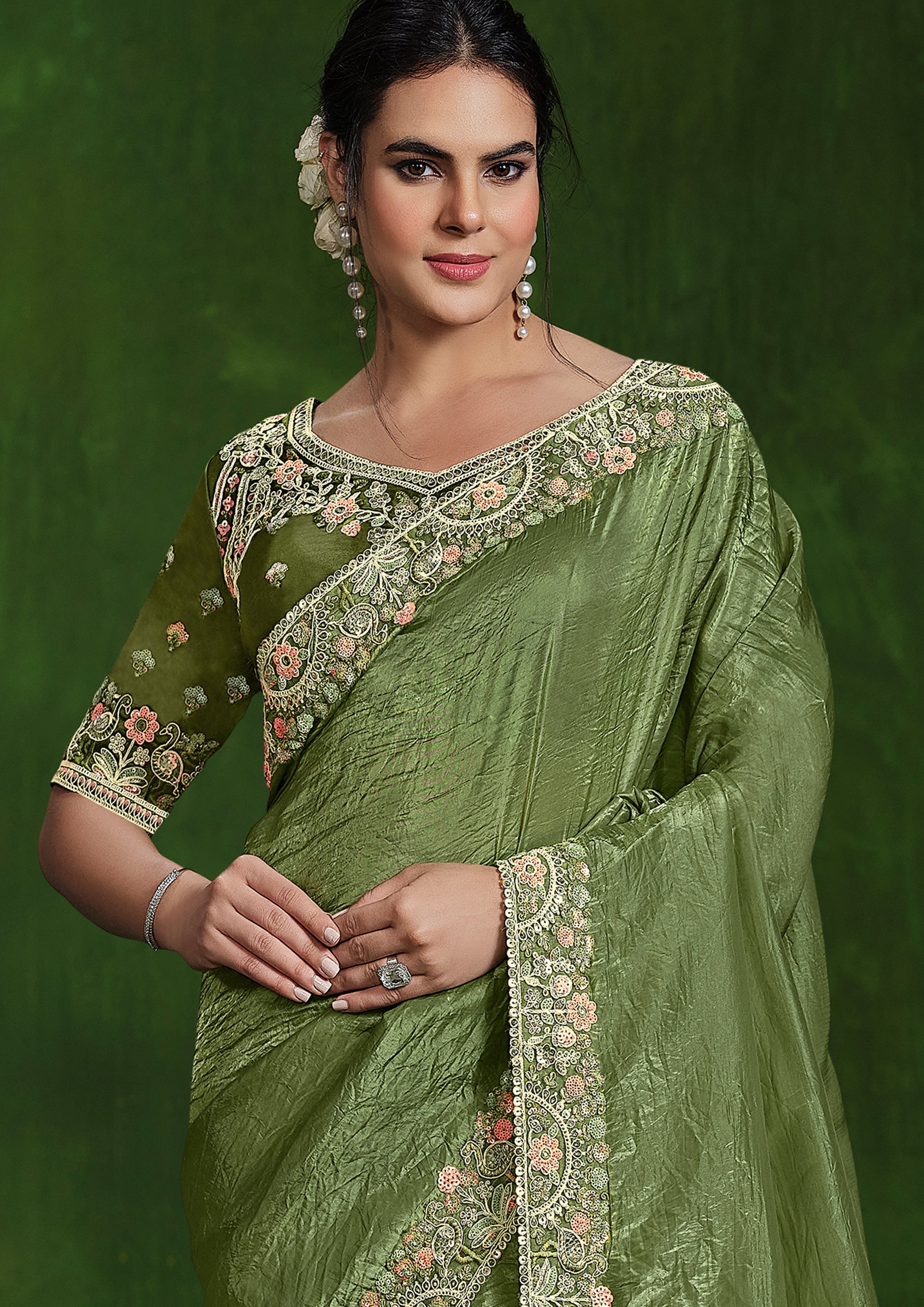 Fern Green Embellished Crushed Paper Silk Saree