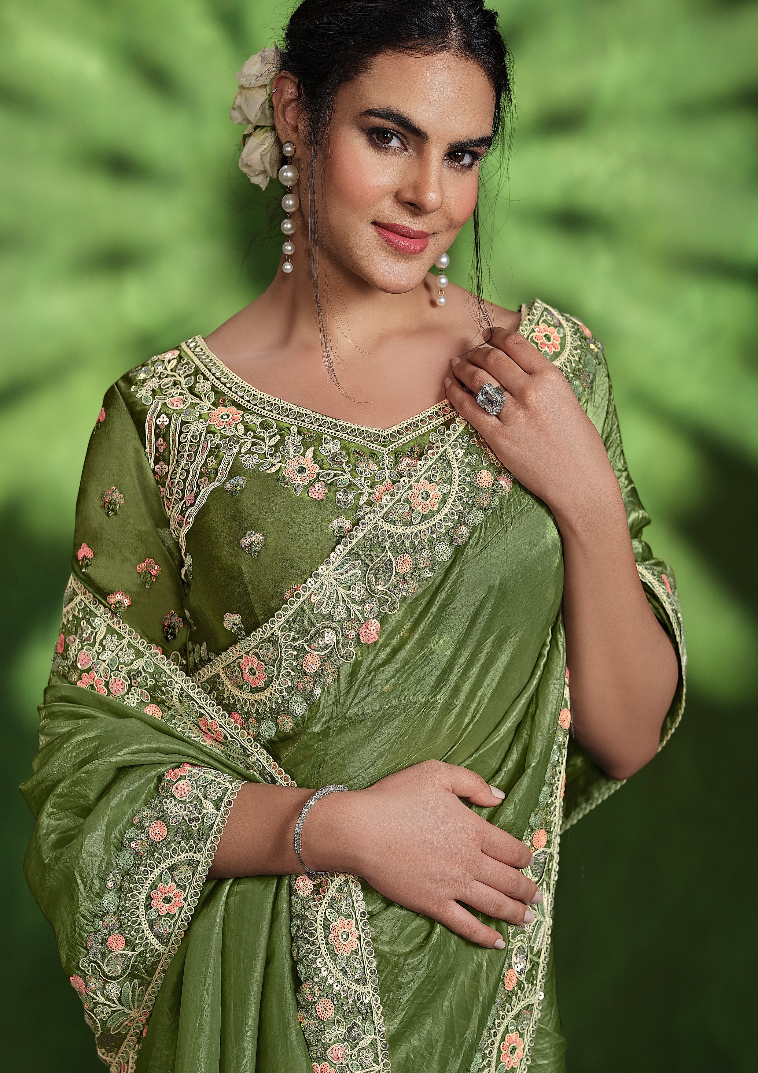 Fern Green Embellished Crushed Paper Silk Saree