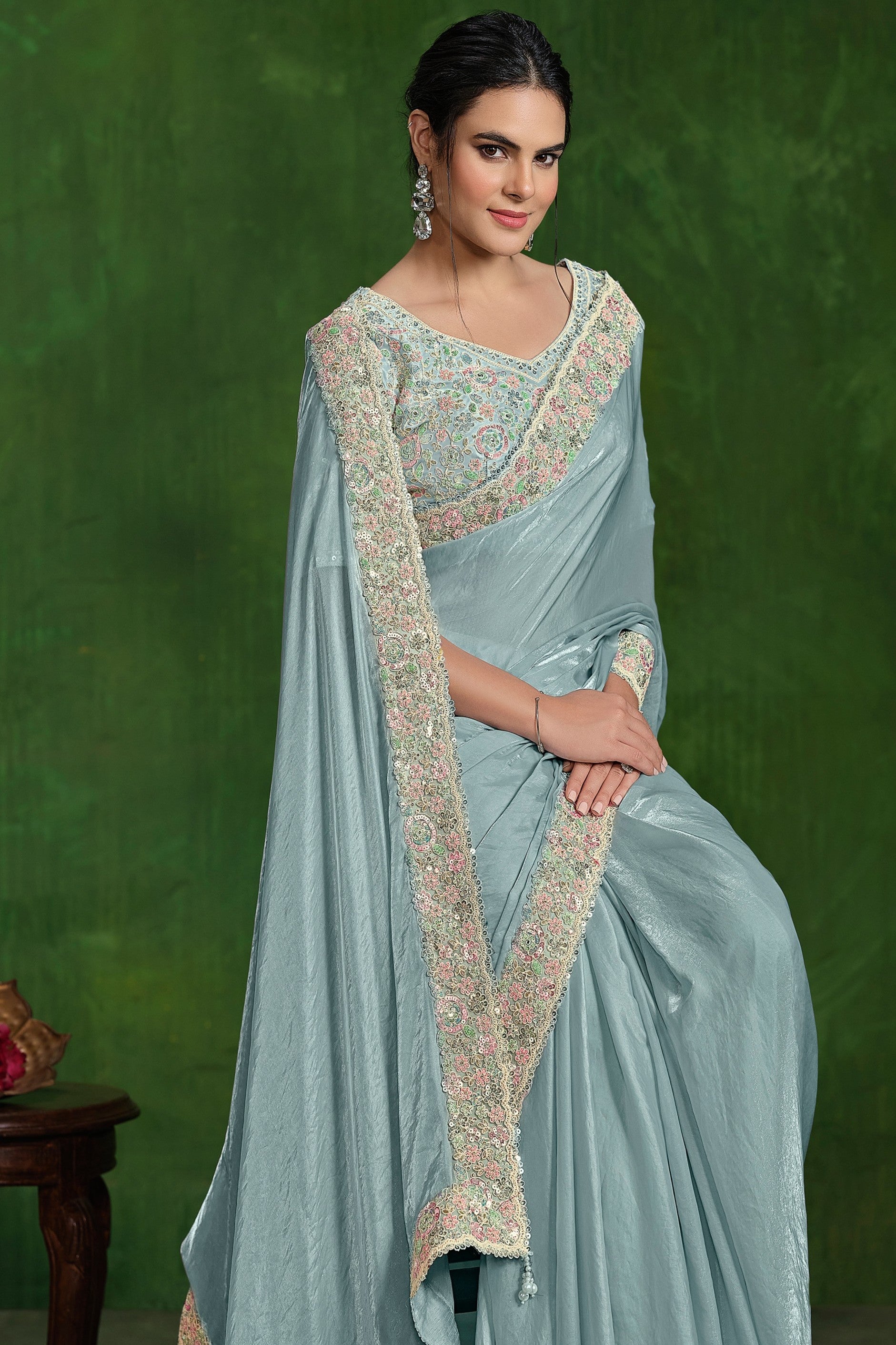 Classic Light Blue Embellished Satin Silk Saree