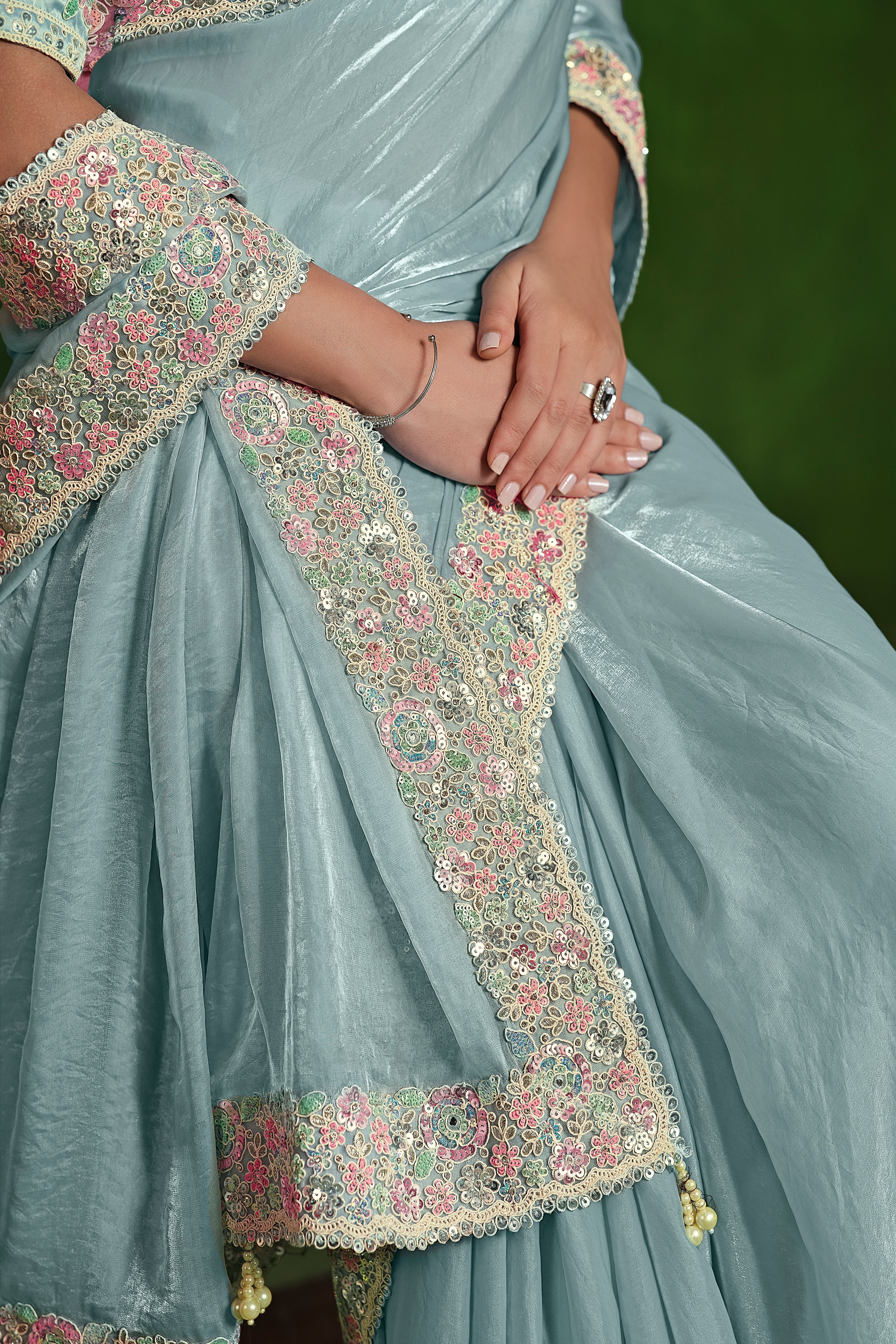 Classic Light Blue Embellished Satin Silk Saree
