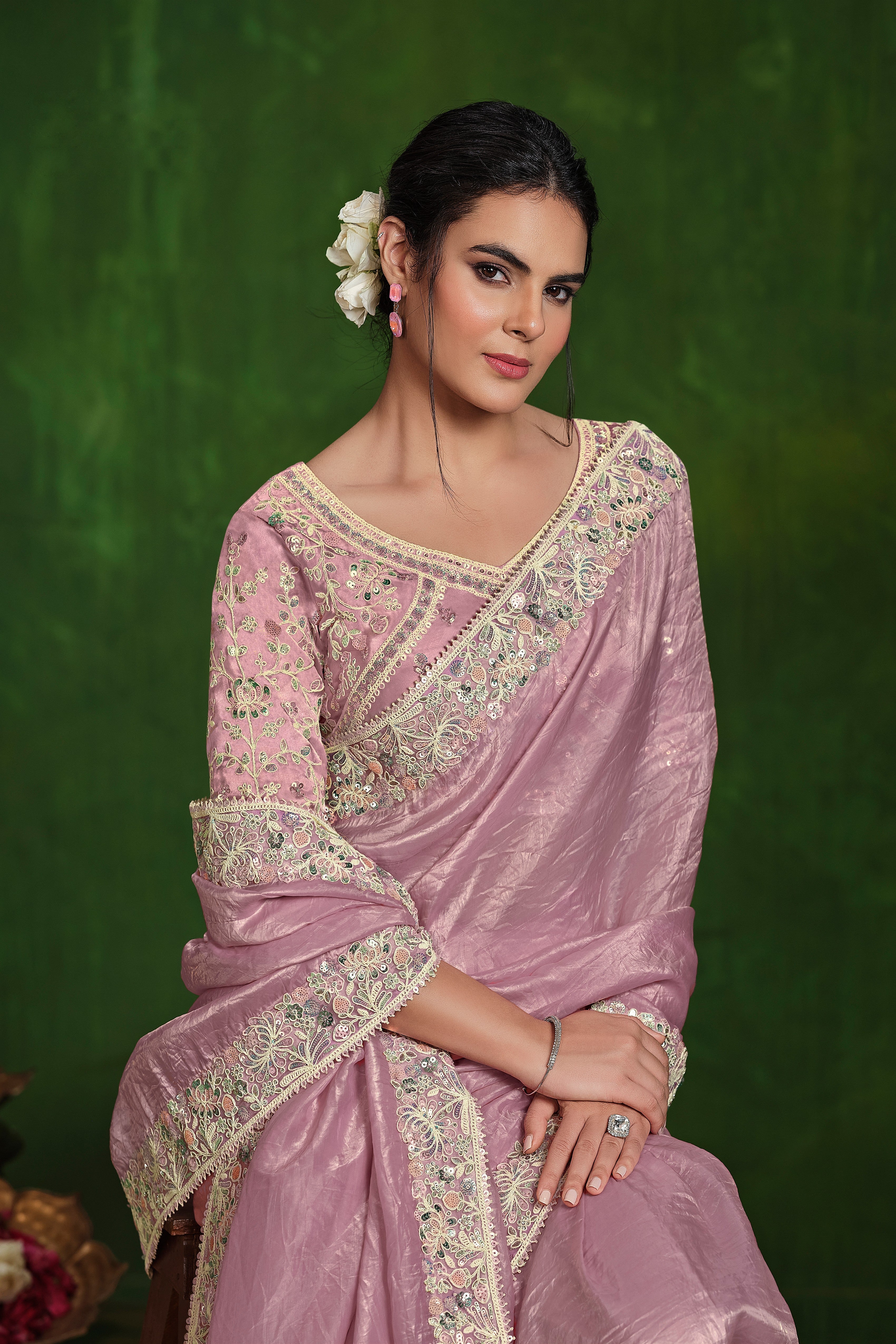 Light Pink Embellished Satin Silk Saree