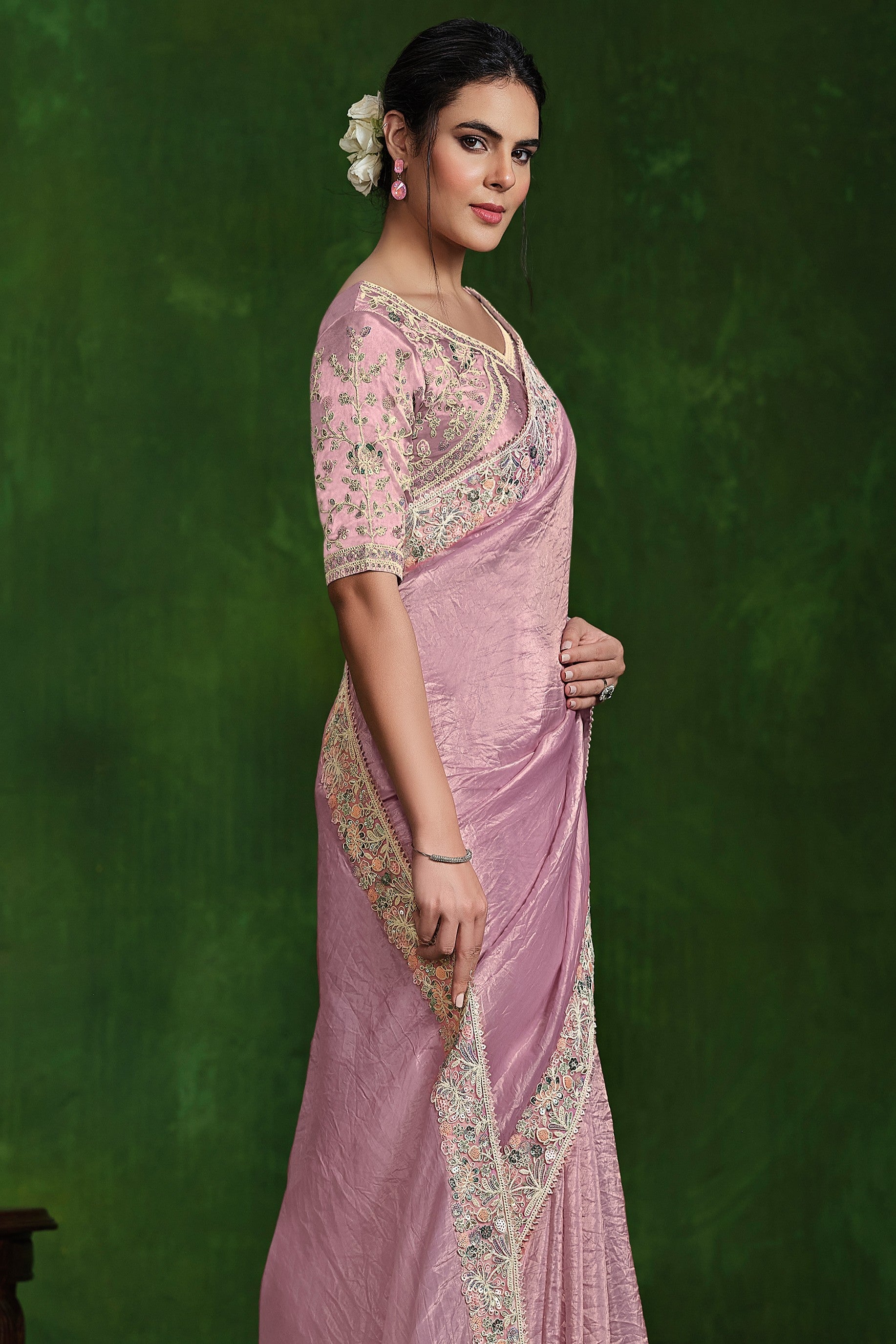 Light Pink Embellished Satin Silk Saree