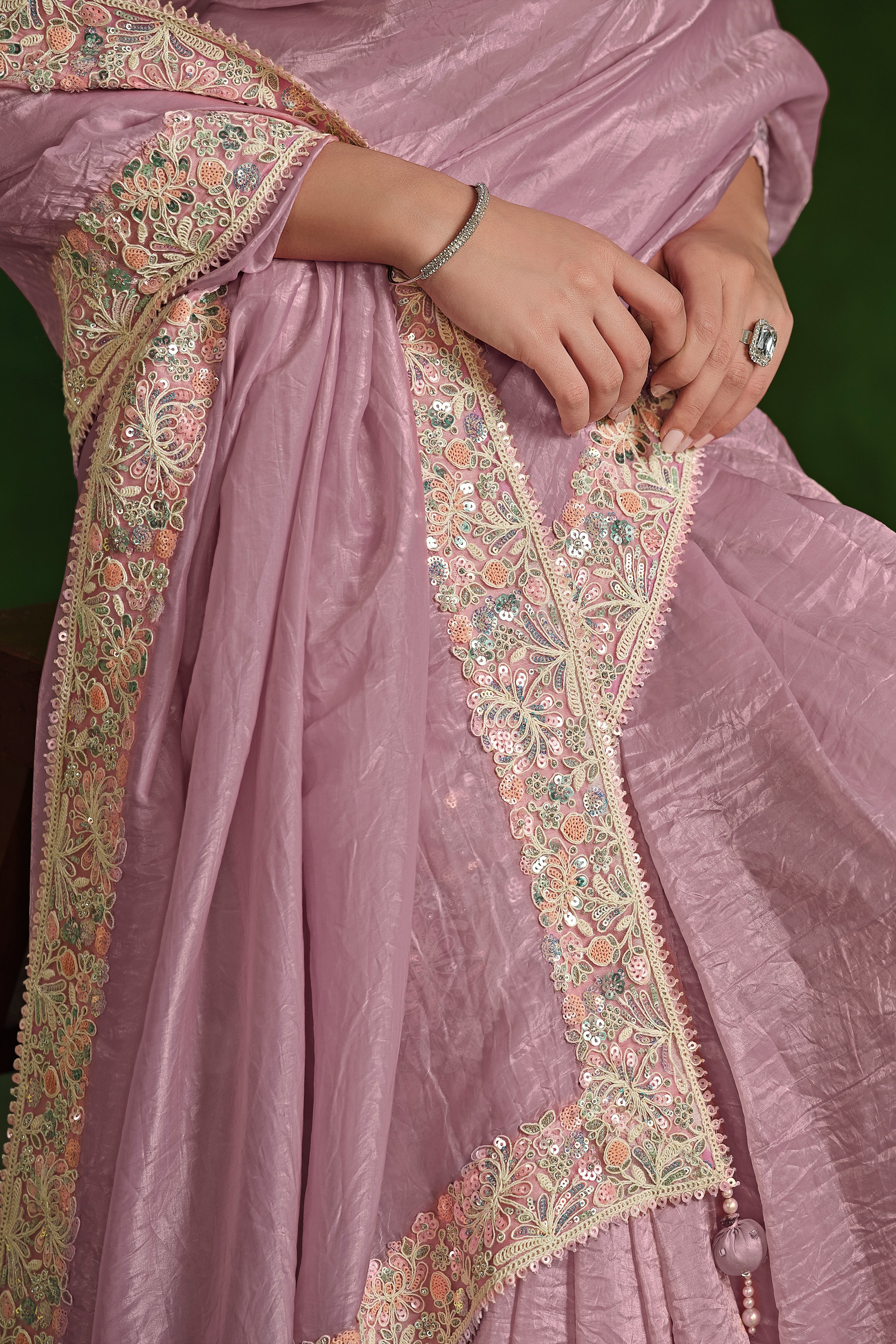Light Pink Embellished Satin Silk Saree