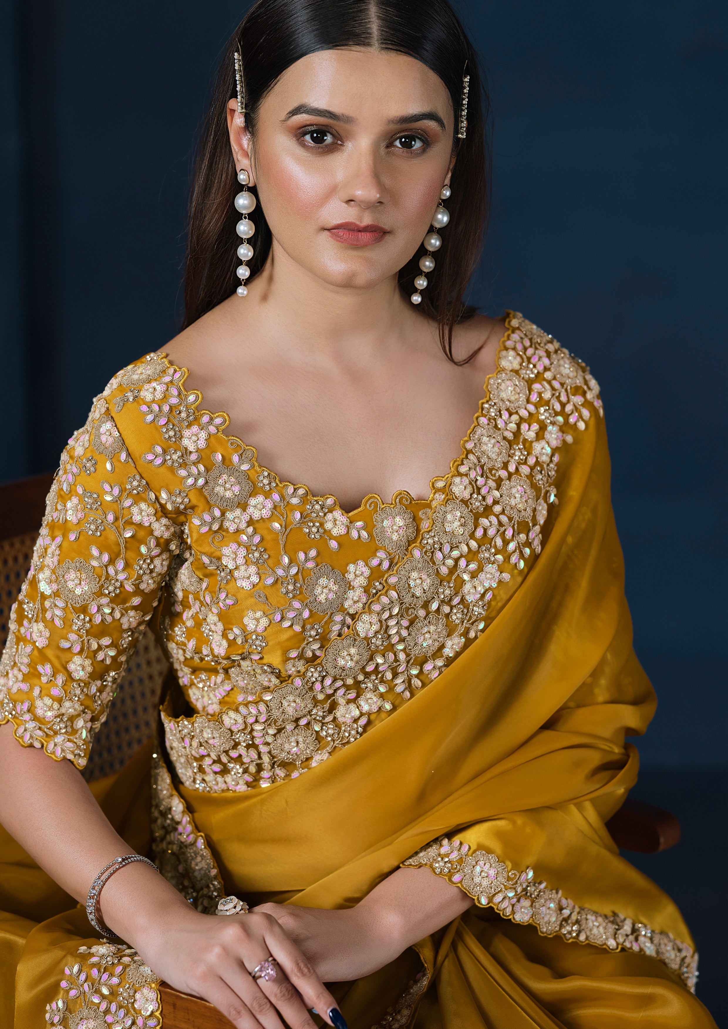 Ochre Gold Embellished Crepe Satin Silk Saree