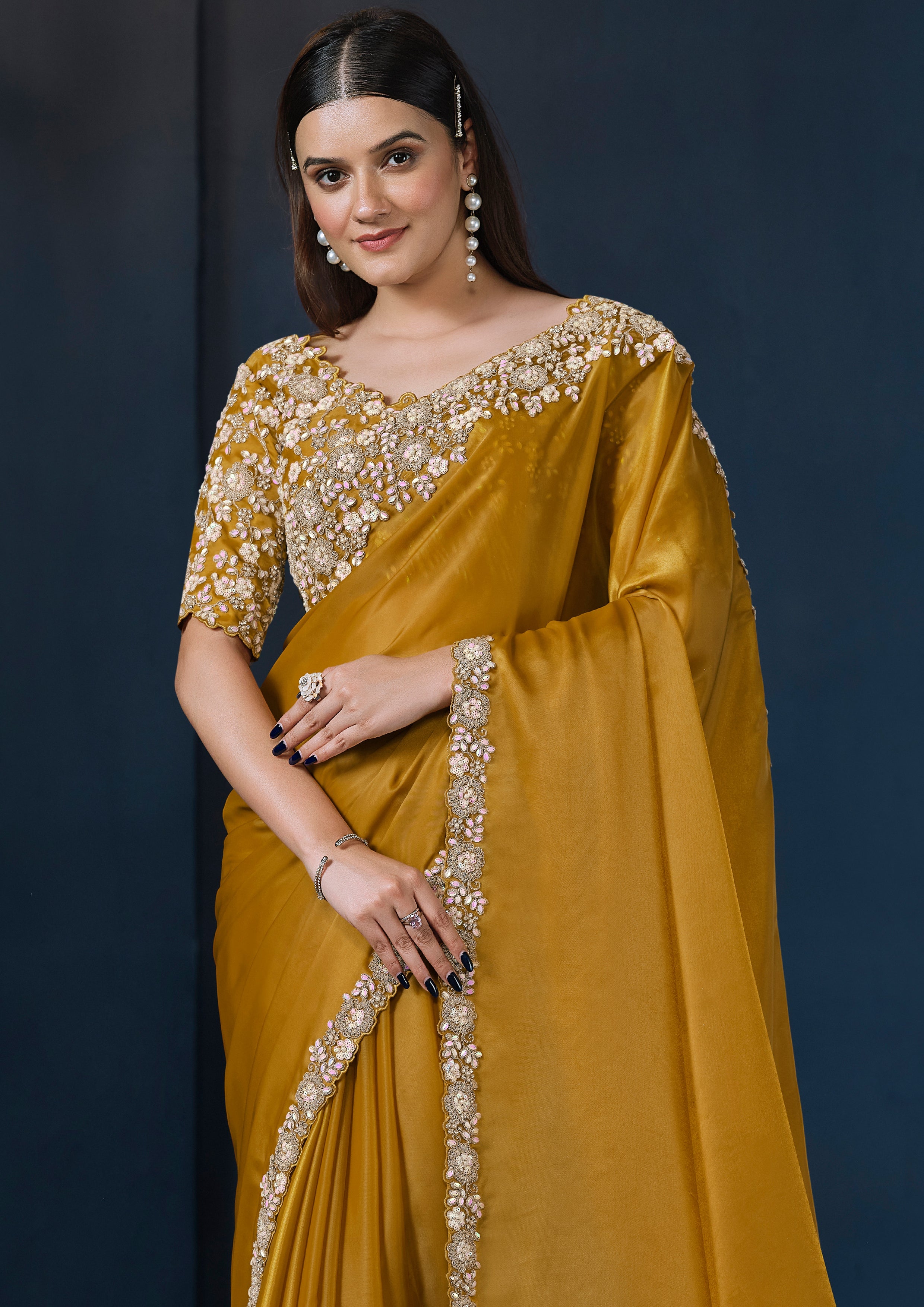 Ochre Gold Embellished Crepe Satin Silk Saree