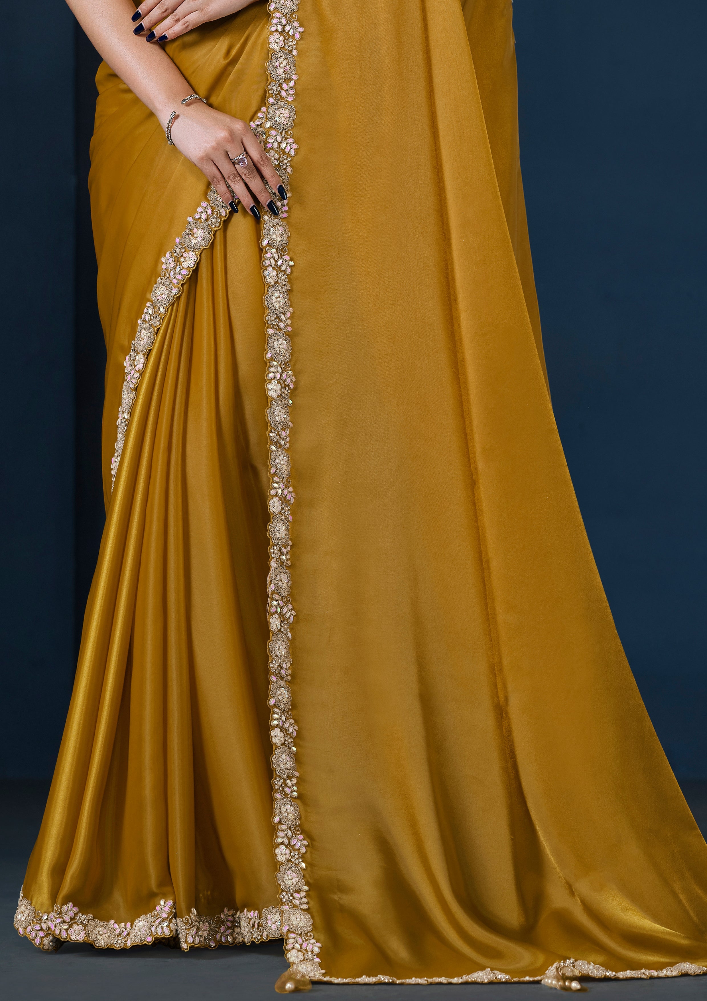 Ochre Gold Embellished Crepe Satin Silk Saree
