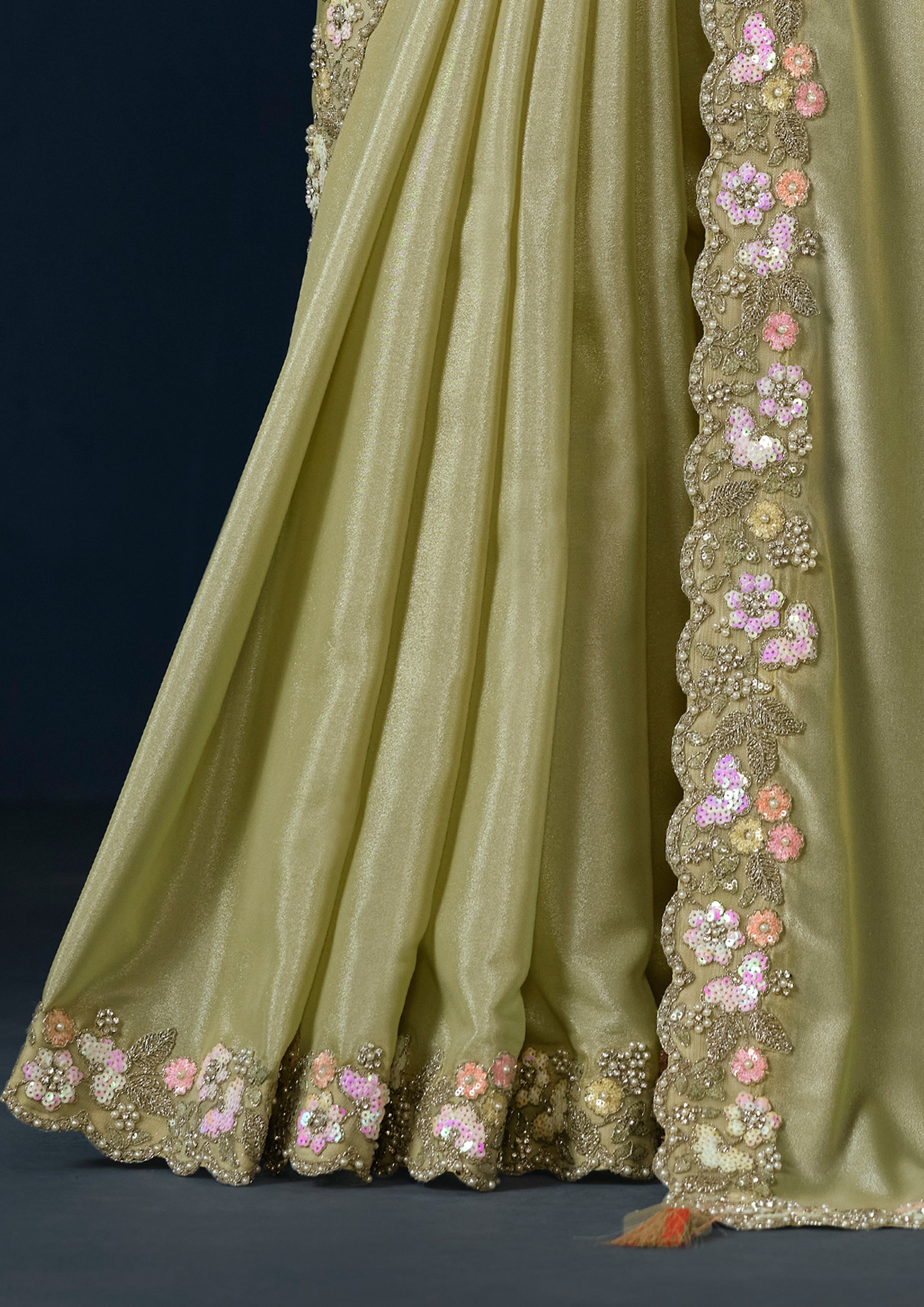 Pistachio Pastel Embellished Crepe Satin Silk Saree