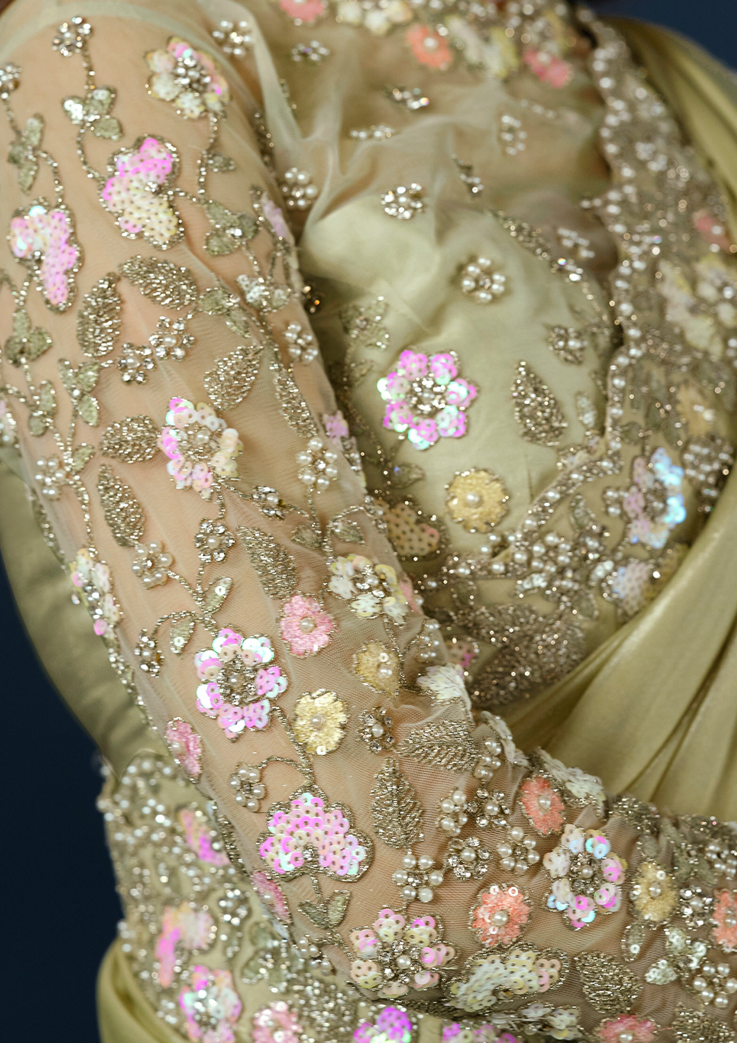 Pistachio Pastel Embellished Crepe Satin Silk Saree