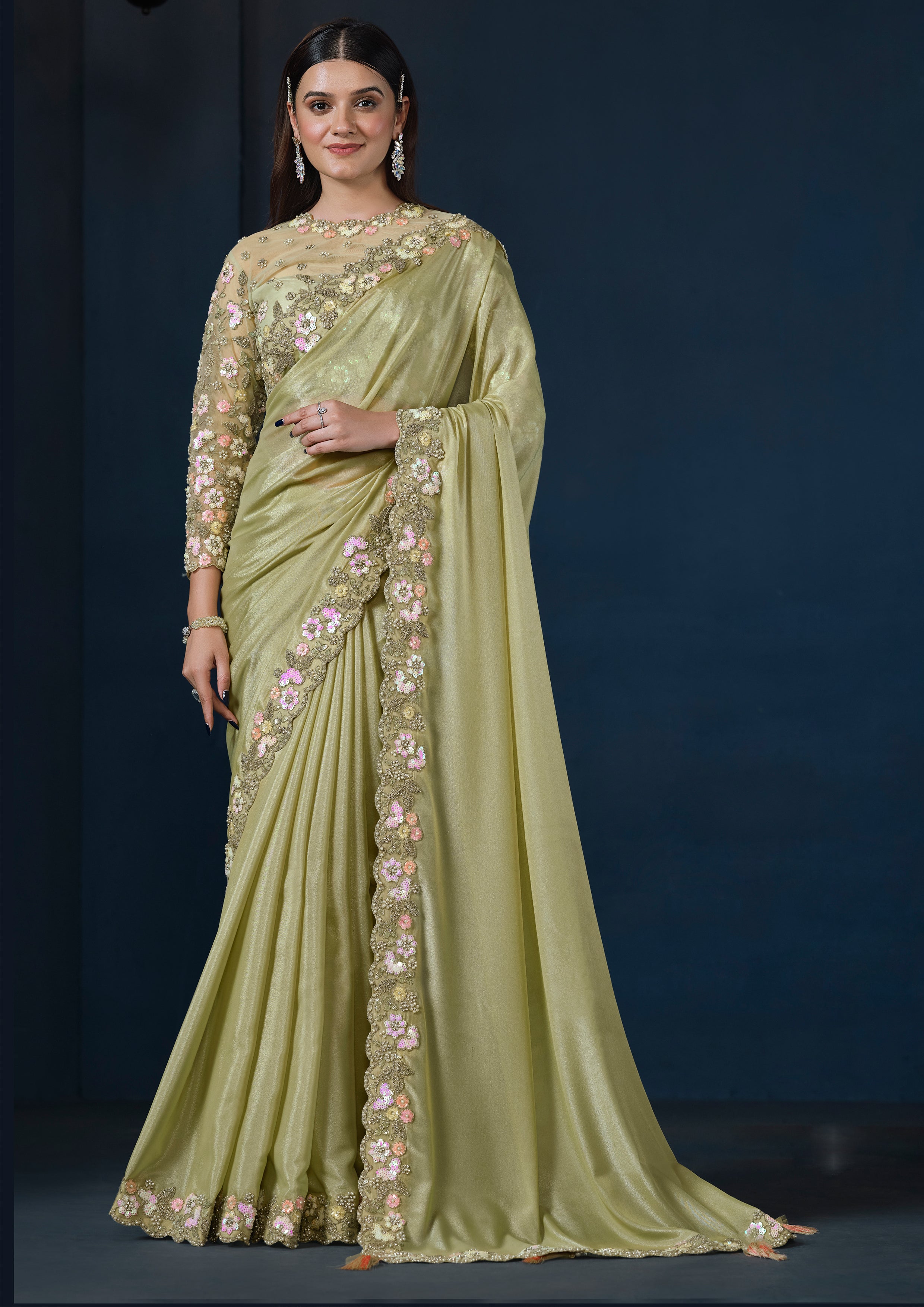 Pistachio Pastel Embellished Crepe Satin Silk Saree