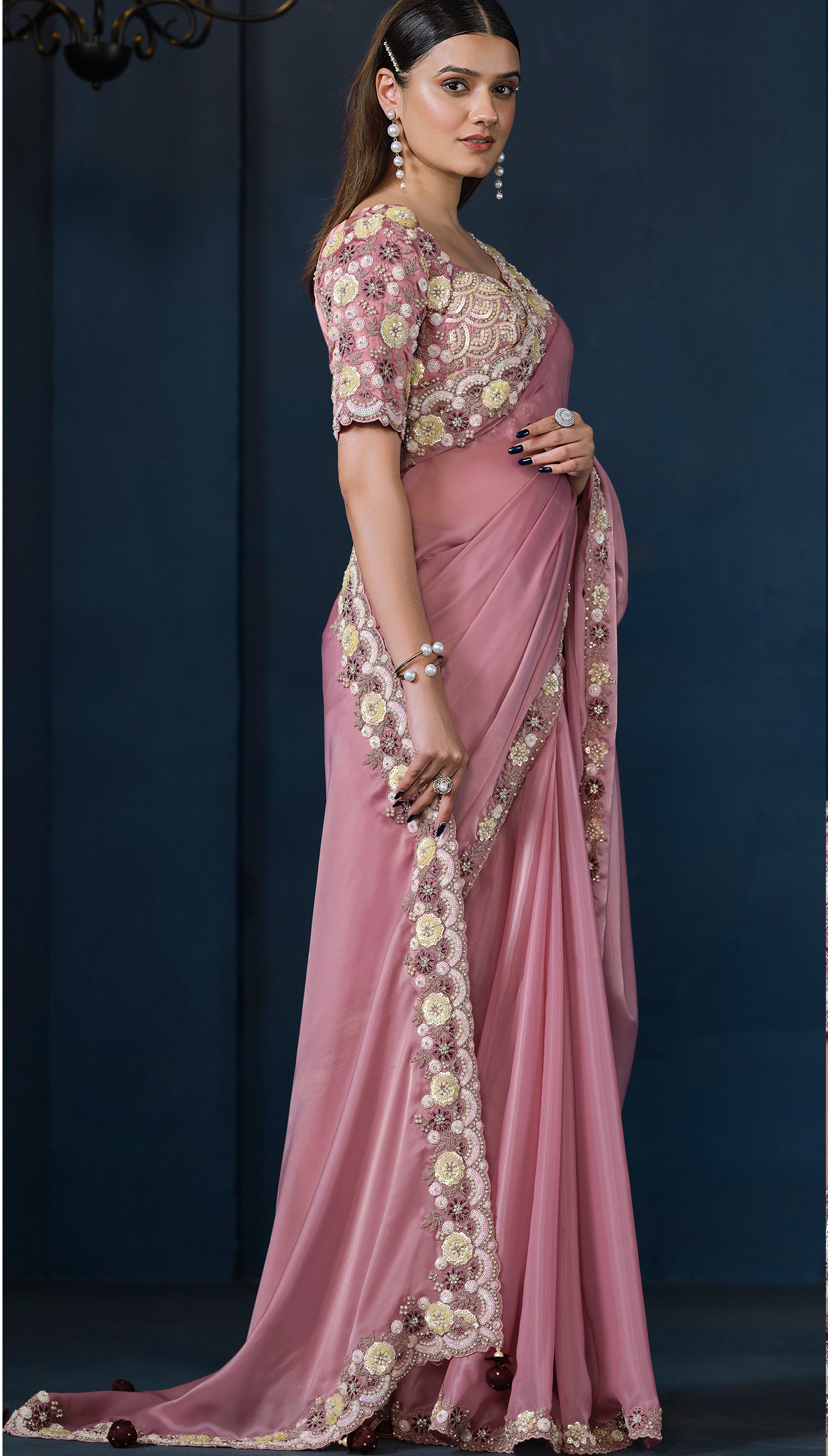 Rose Blossom Embellished Crepe Satin Silk Saree