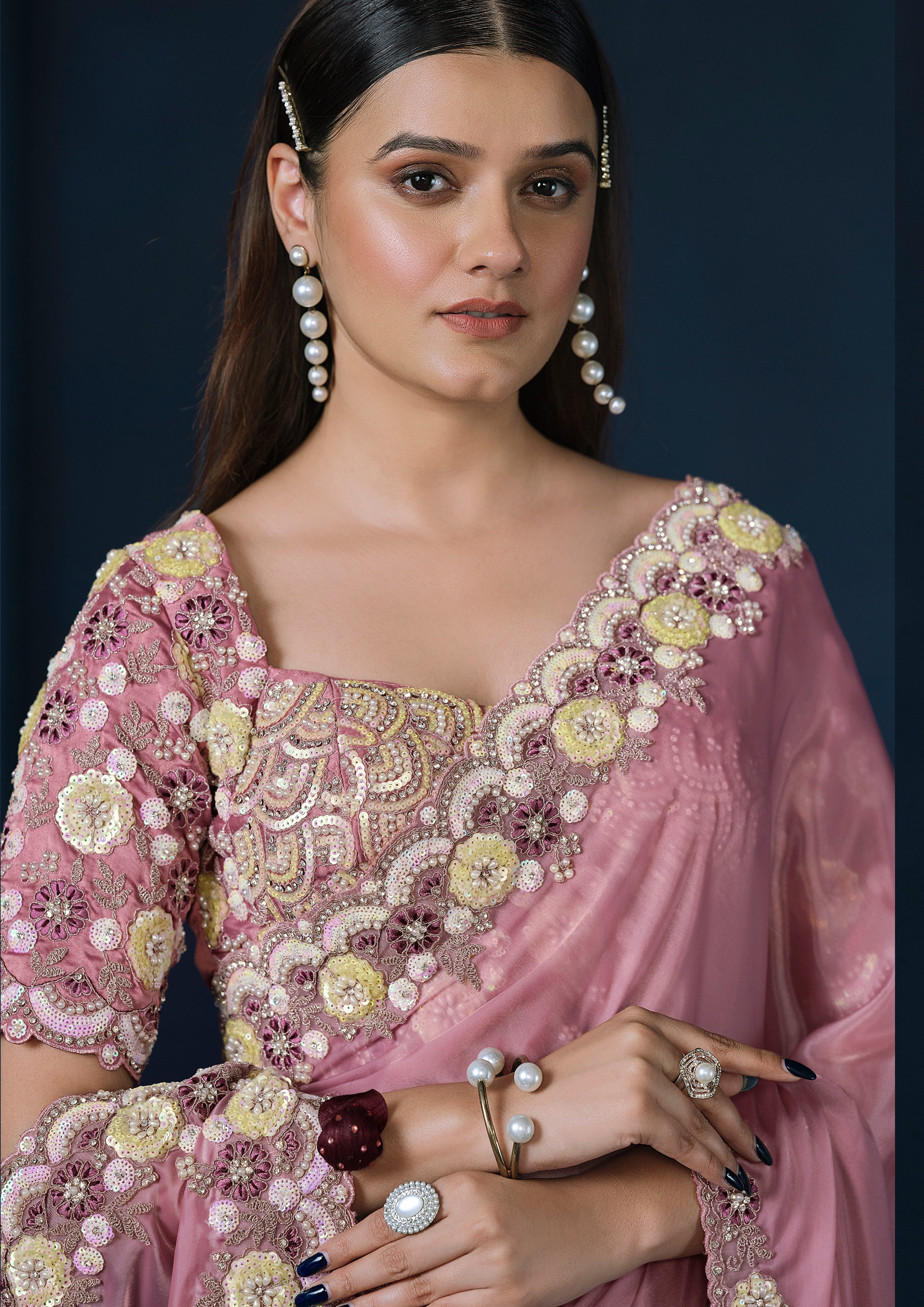 Rose Blossom Embellished Crepe Satin Silk Saree