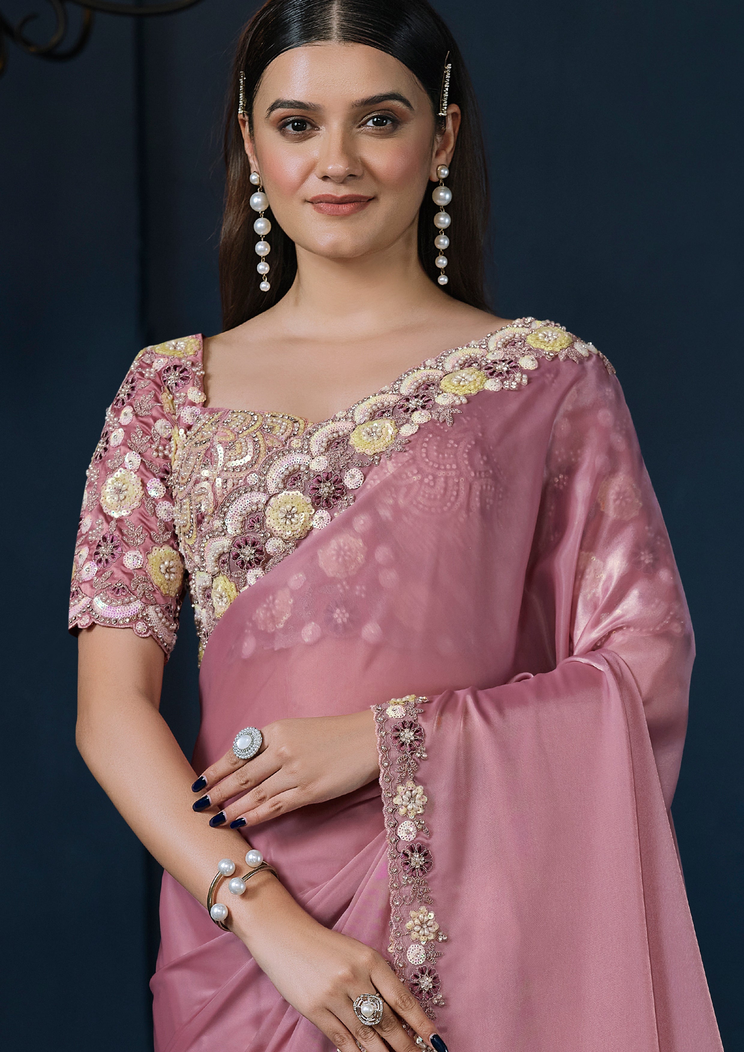 Rose Blossom Embellished Crepe Satin Silk Saree