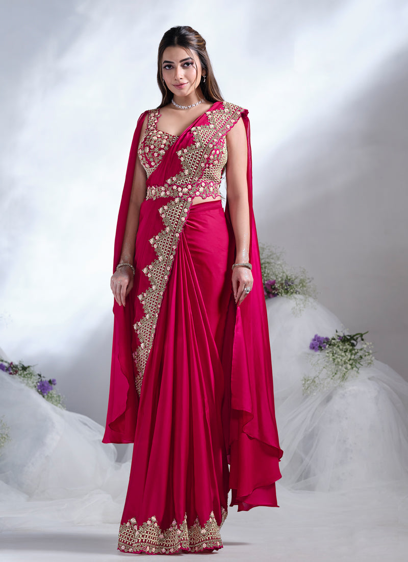 Crimson Red Embellished Crepe Satin Silk Saree