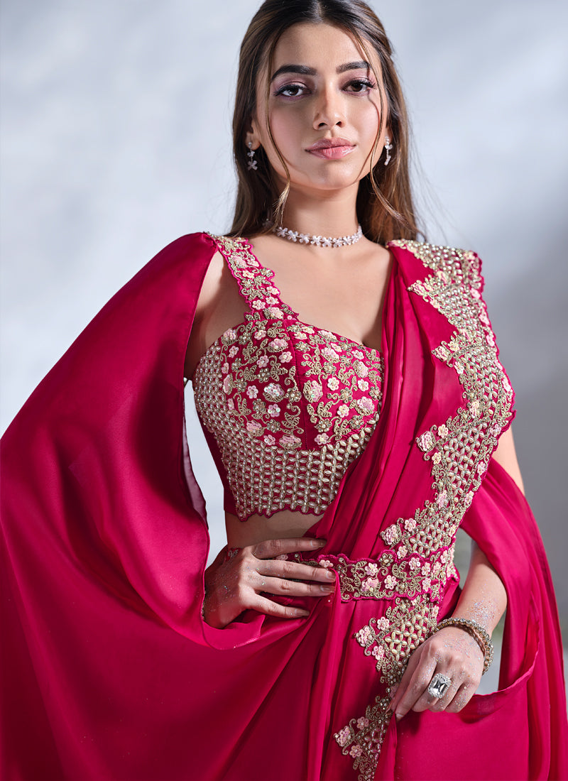 Crimson Red Embellished Crepe Satin Silk Saree