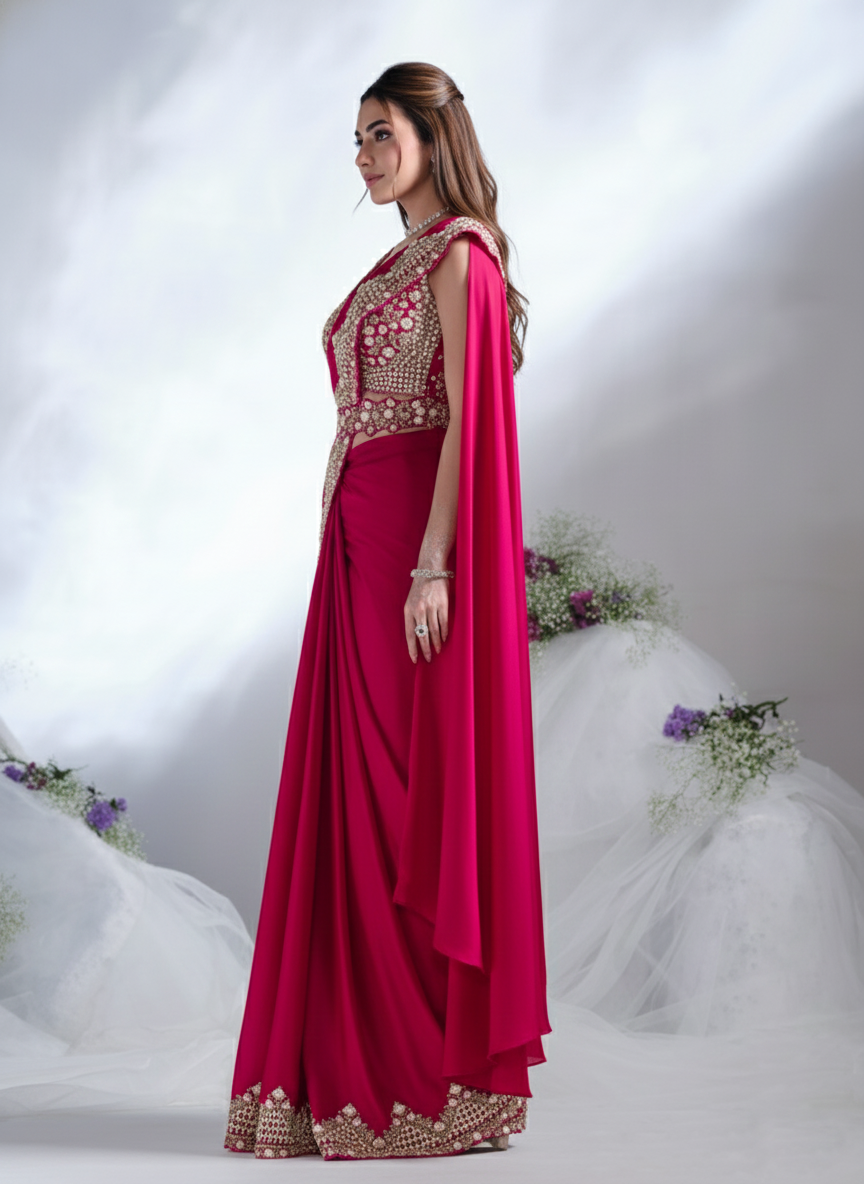 Crimson Red Embellished Crepe Satin Silk Saree