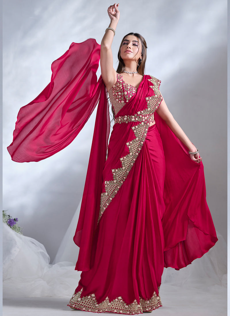 Crimson Red Embellished Crepe Satin Silk Saree