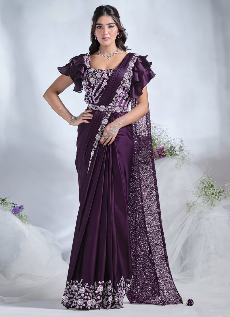 Grape Purple Embellished Crepe Satin Silk Saree