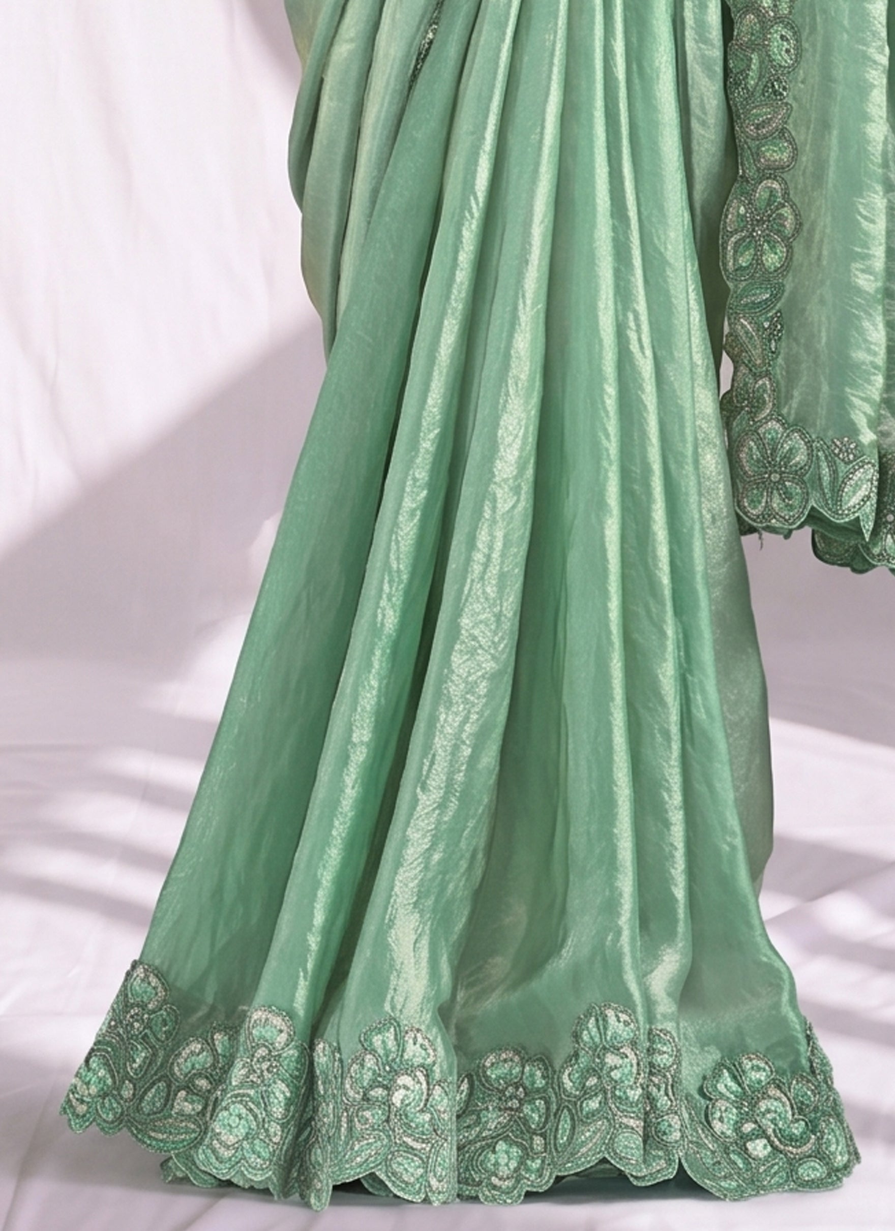 Seafoam Green Embellished Satin Silk Saree