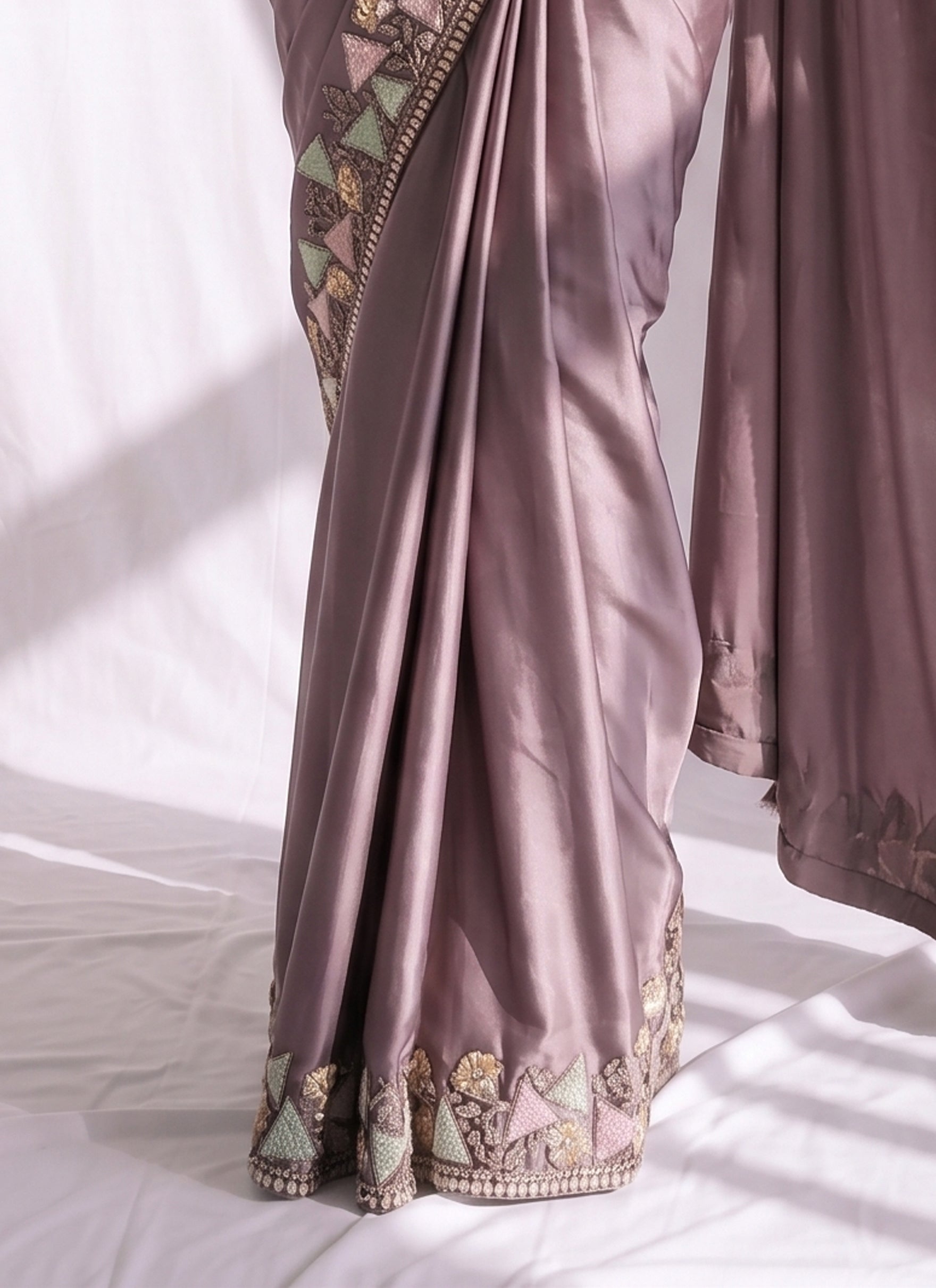 Mauve Dust Embellished Satin Silk Saree