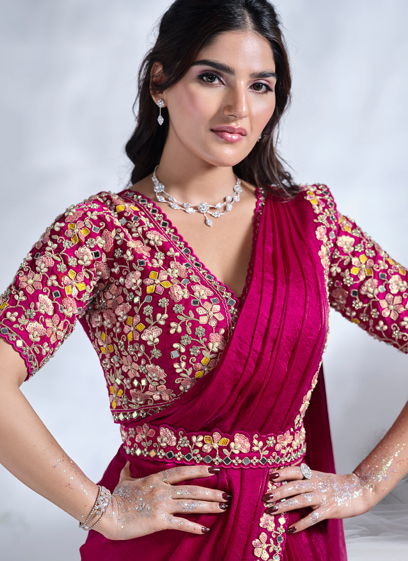 Deep Fuchsia Embellished Soft Organza Silk Saree