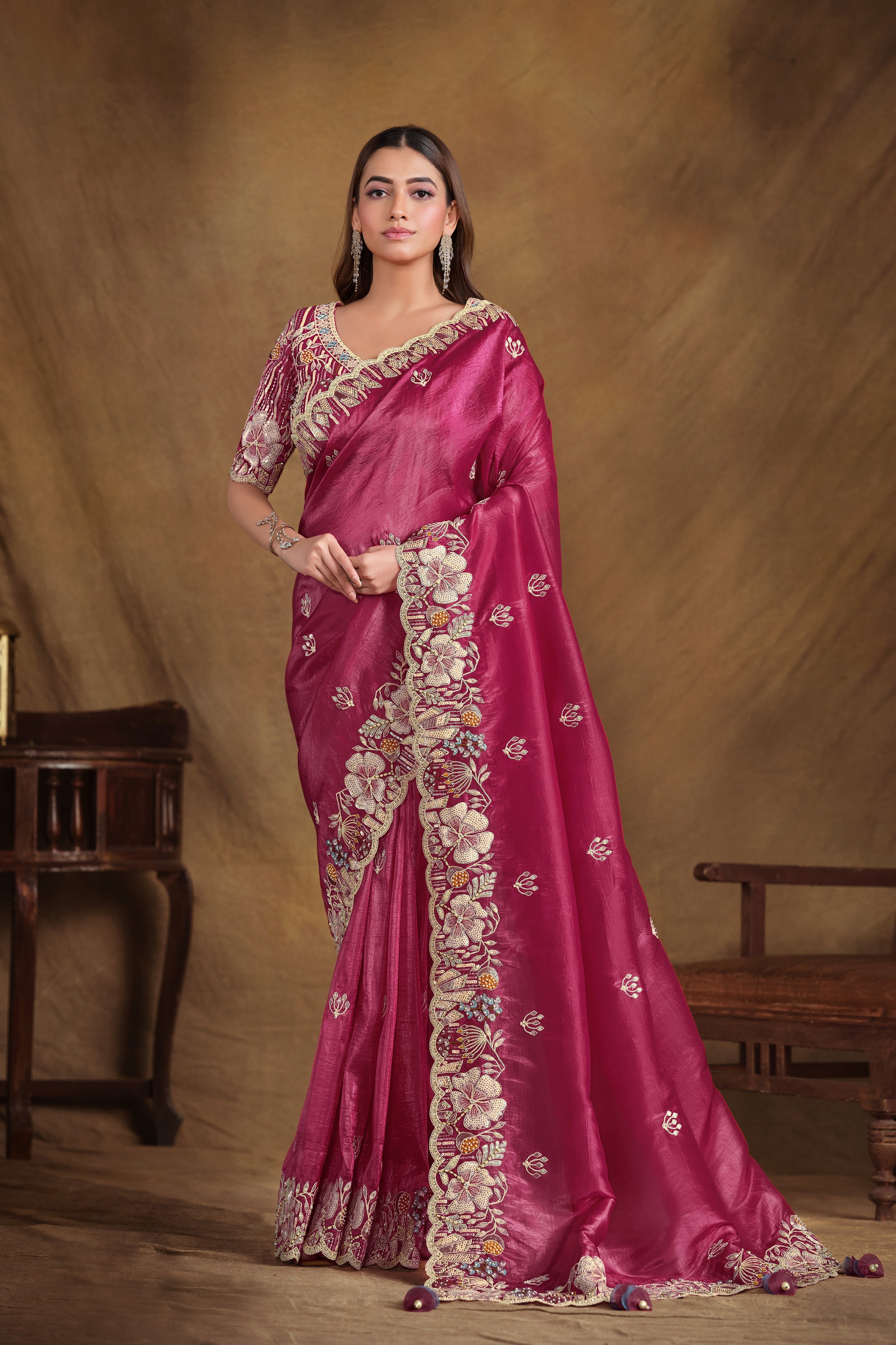Mauve Pink Embellished Satin Silk Saree