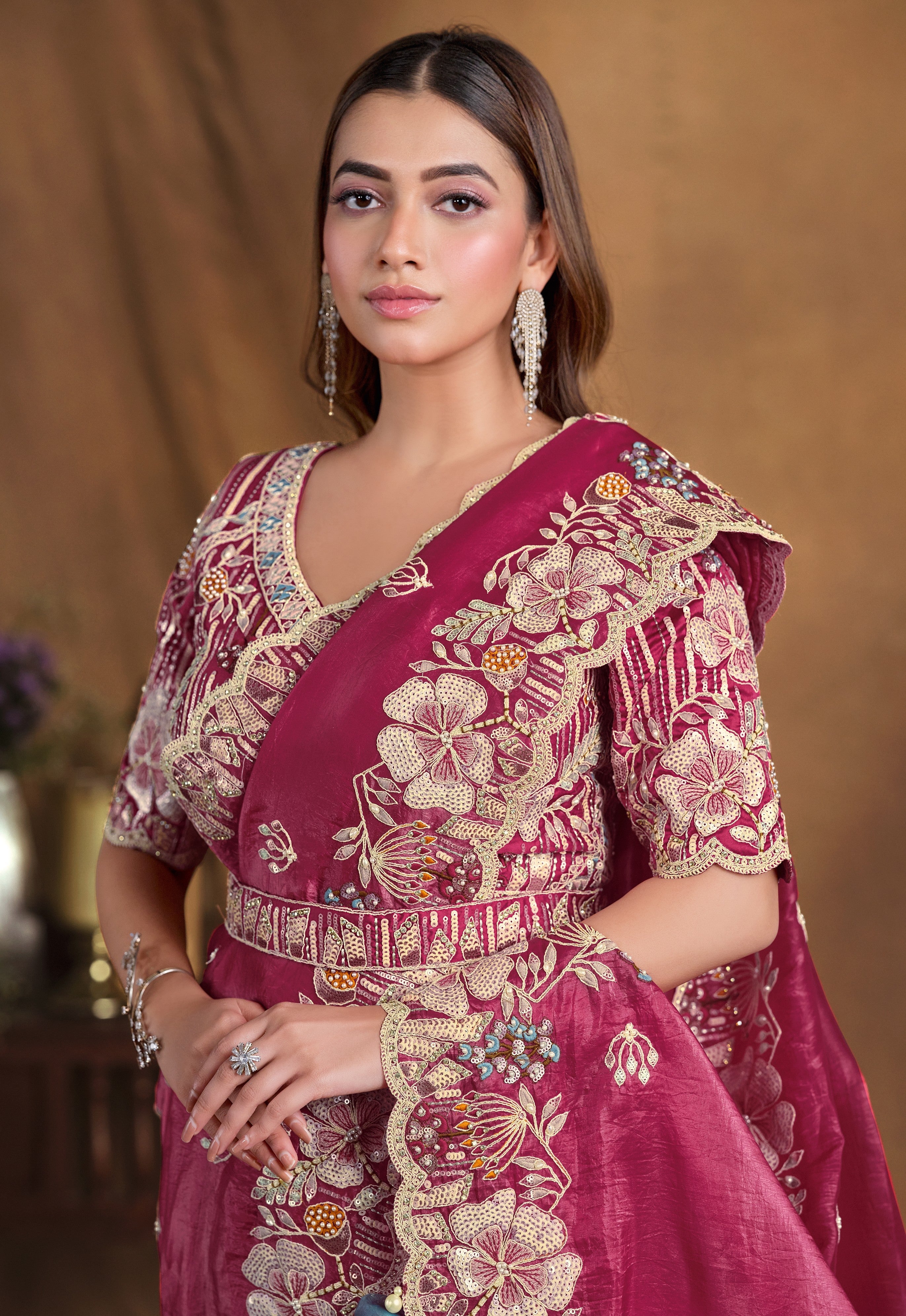 Mauve Pink Embellished Satin Silk Saree