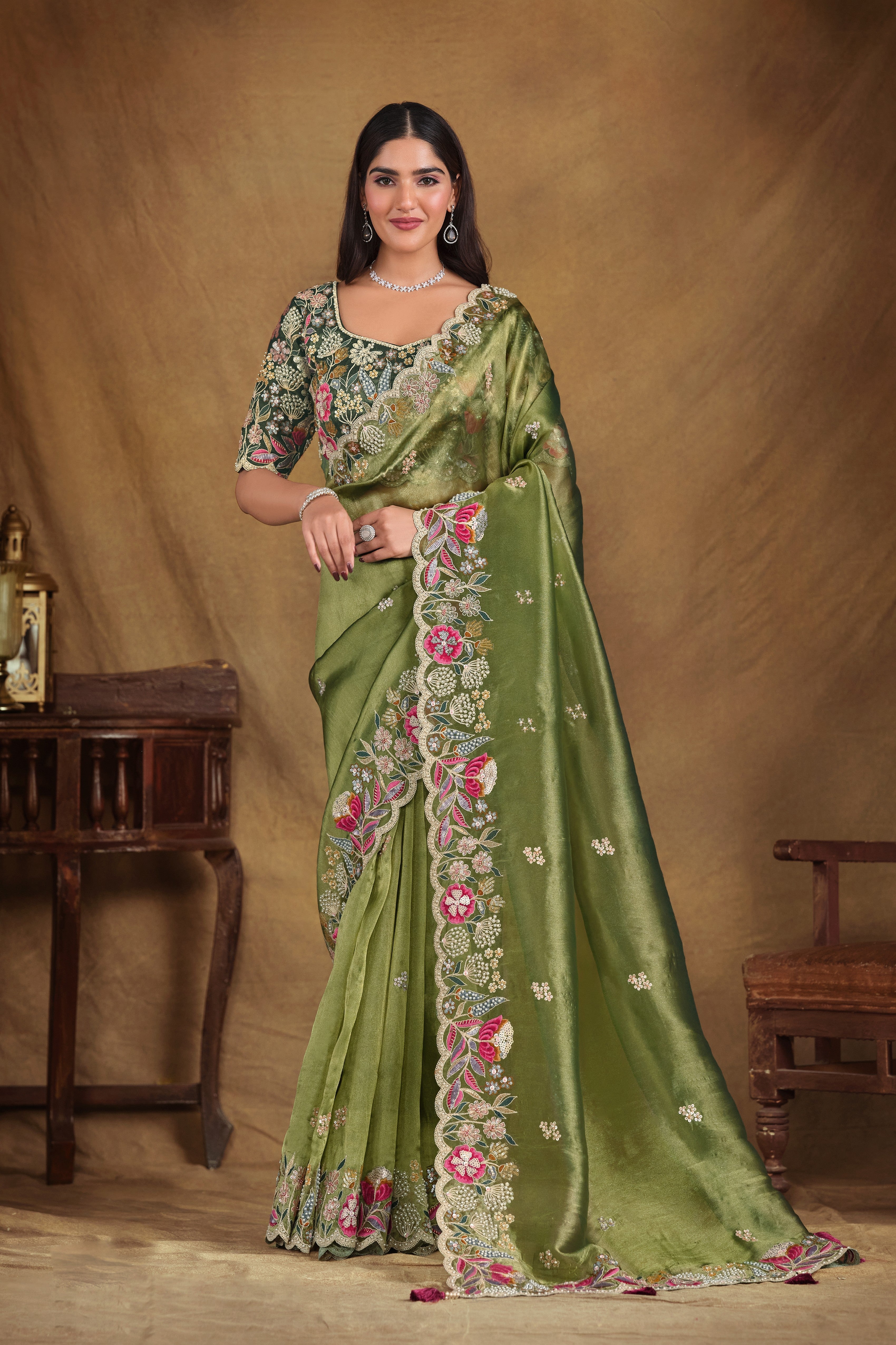 Olive Green Embellished Satin Silk Saree