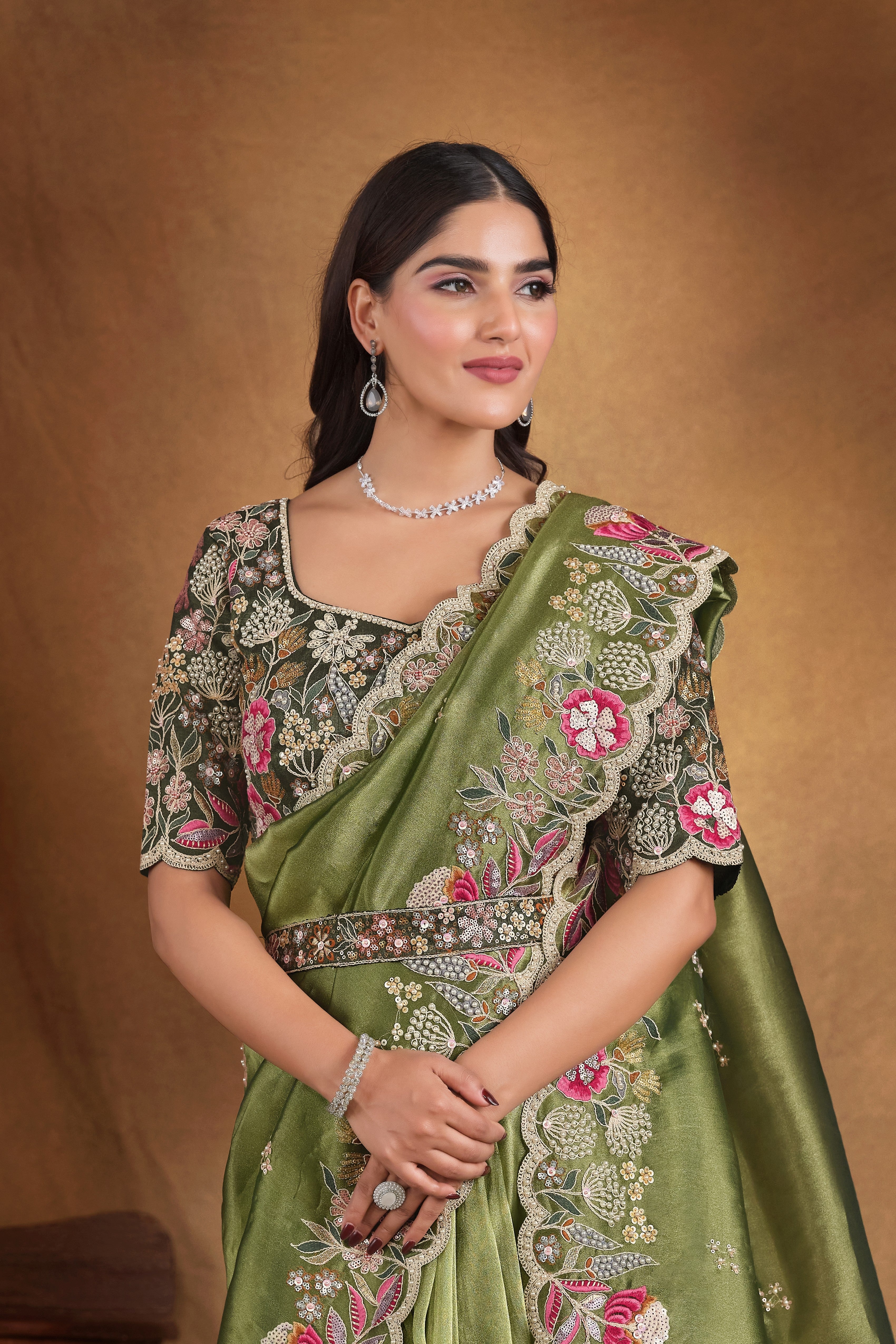 Olive Green Embellished Satin Silk Saree