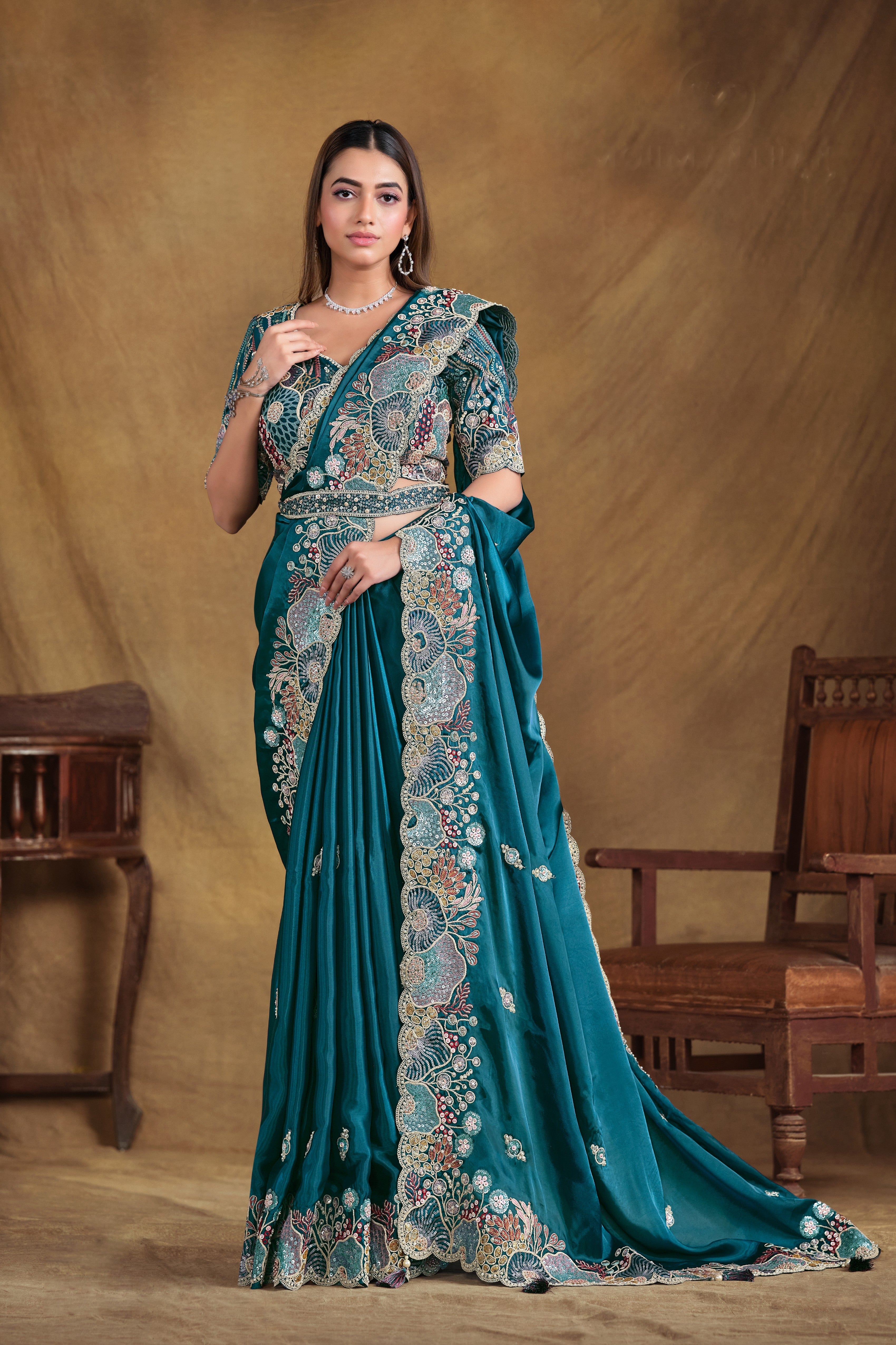 Teal Blue Embellished Satin Silk Saree