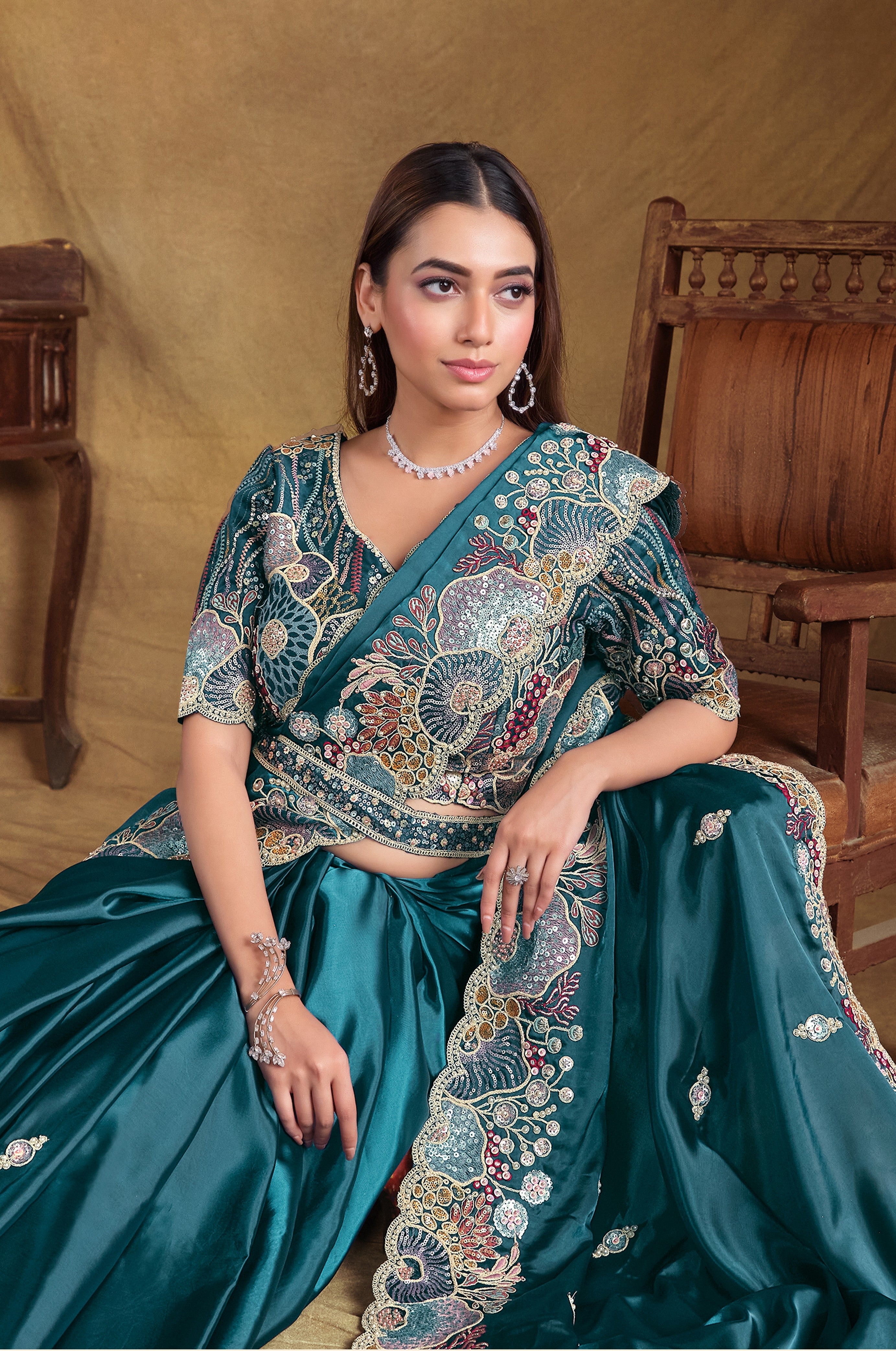 Teal Blue Embellished Satin Silk Saree