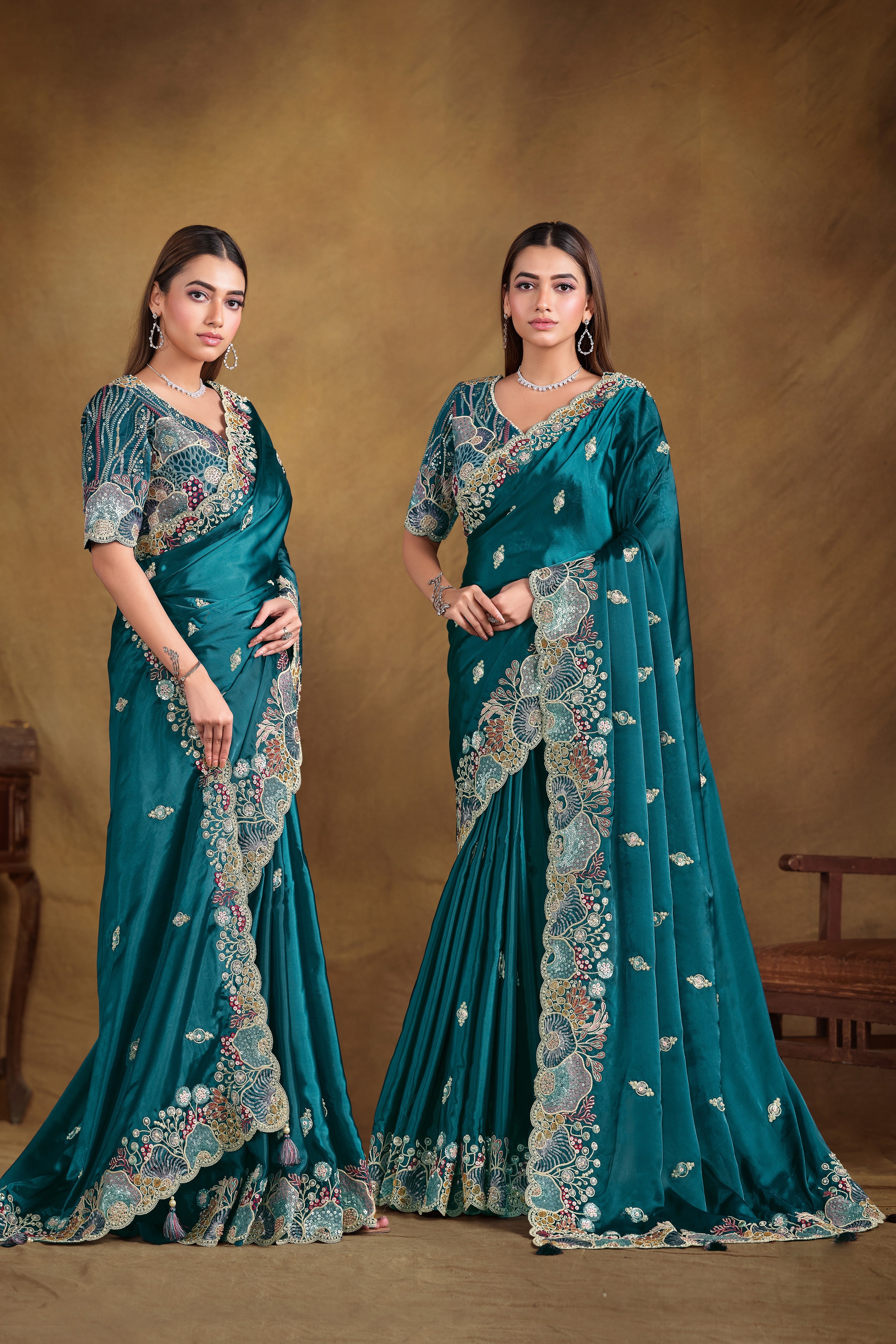 Blue Peacock Embellished Satin Silk Saree