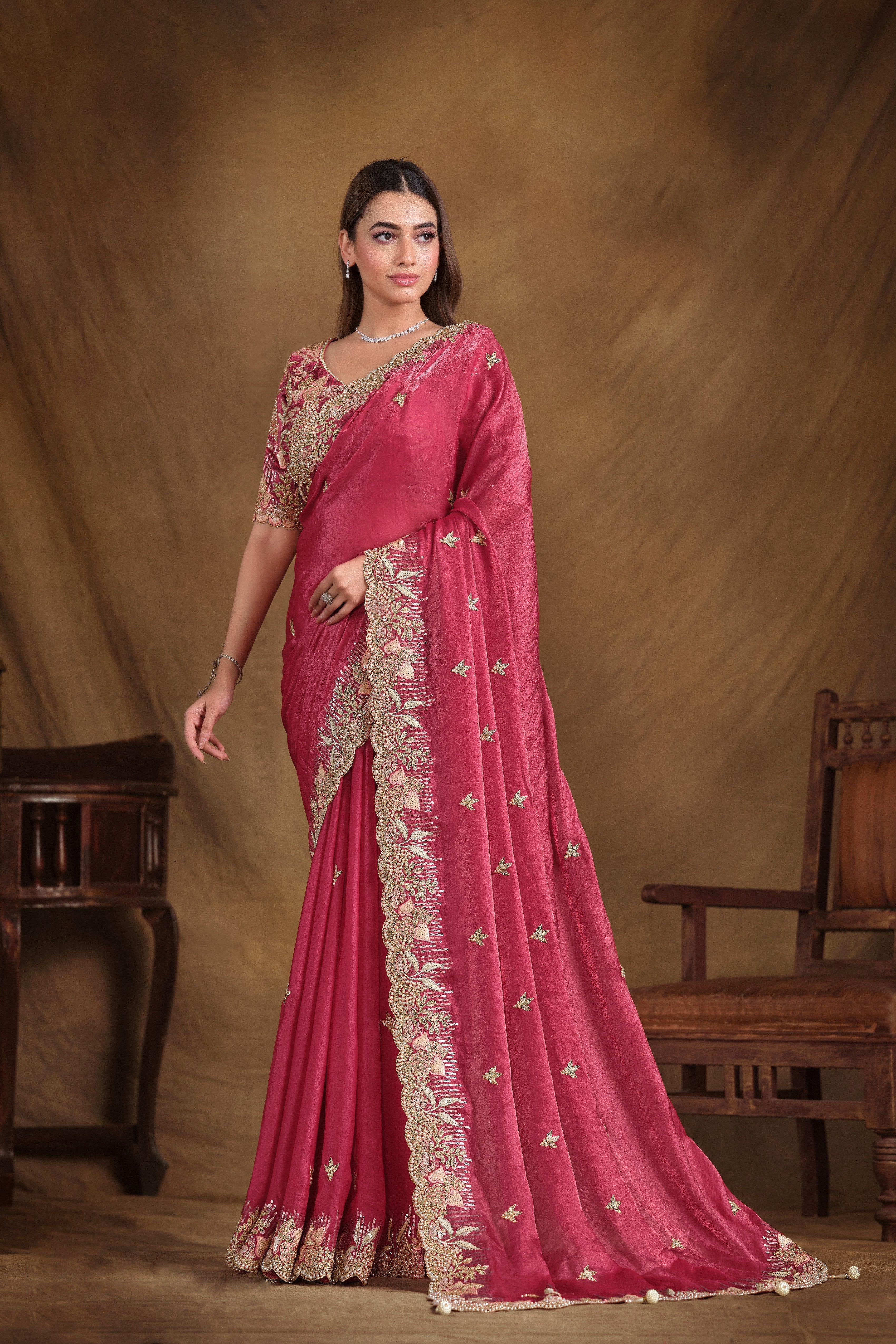 Cranberry Pink Embellished Satin Silk Saree