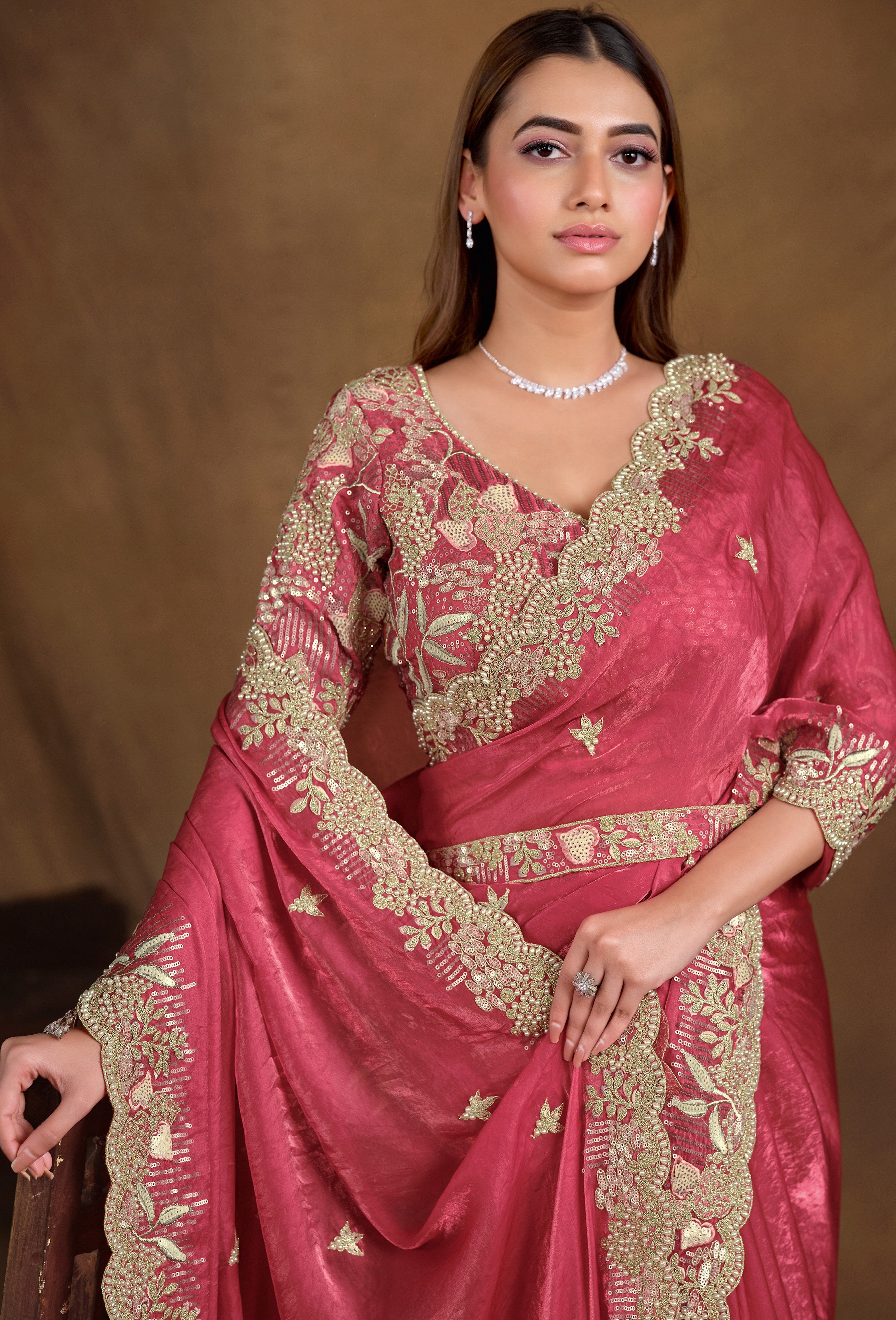 Cranberry Pink Embellished Satin Silk Saree
