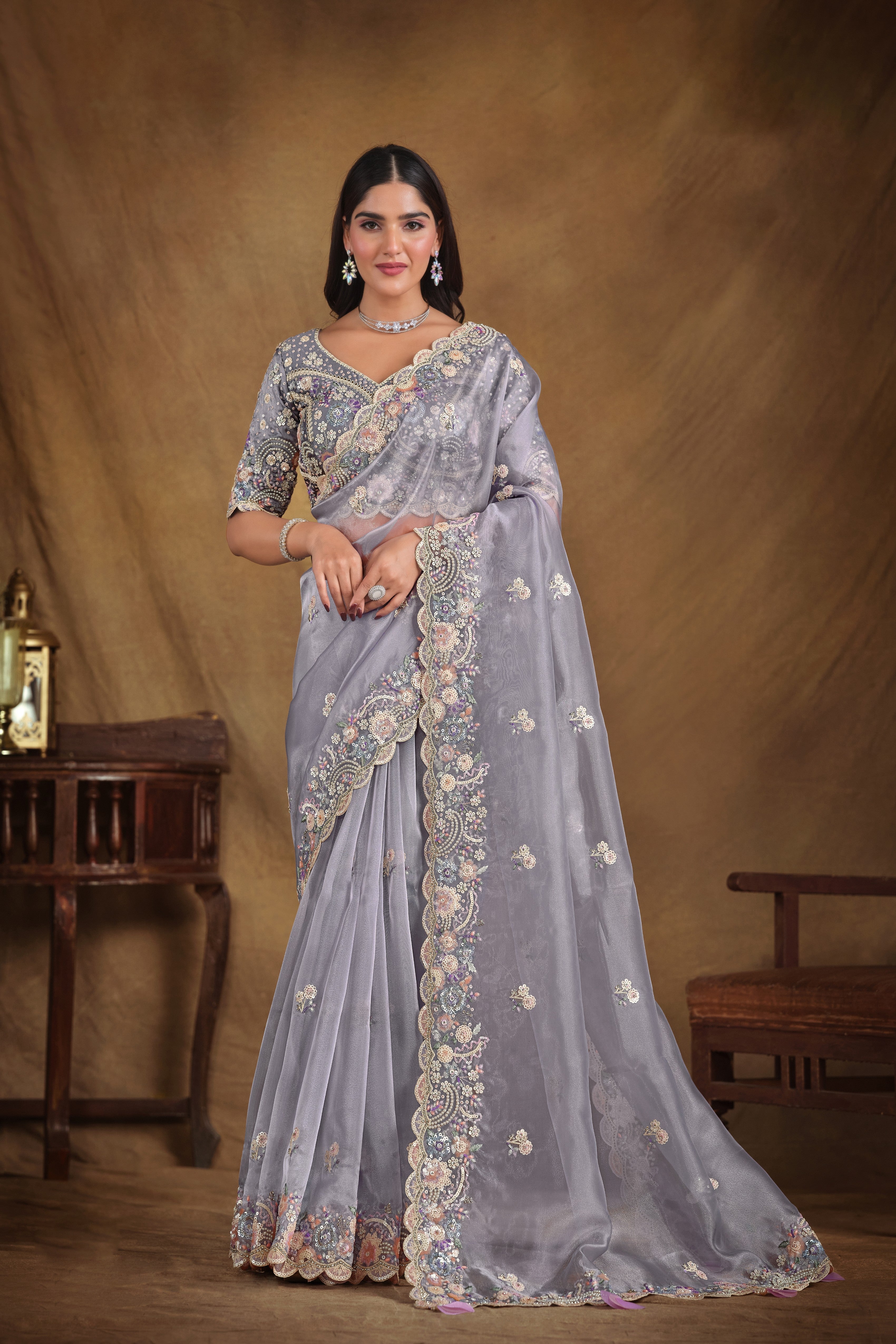 Light Gray Embellished Satin Silk Saree