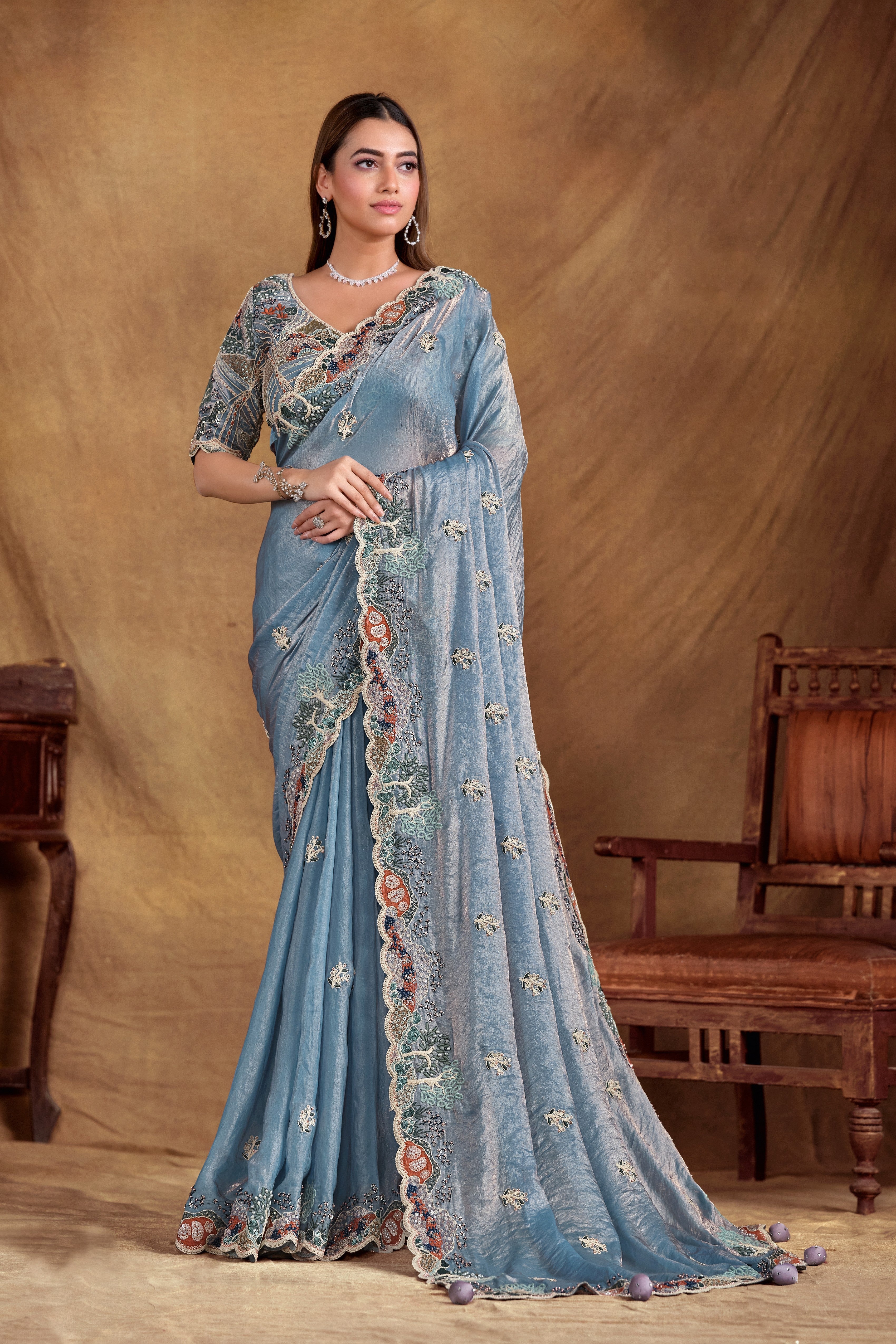 Classic Sky-blue Embellished Satin Silk Saree
