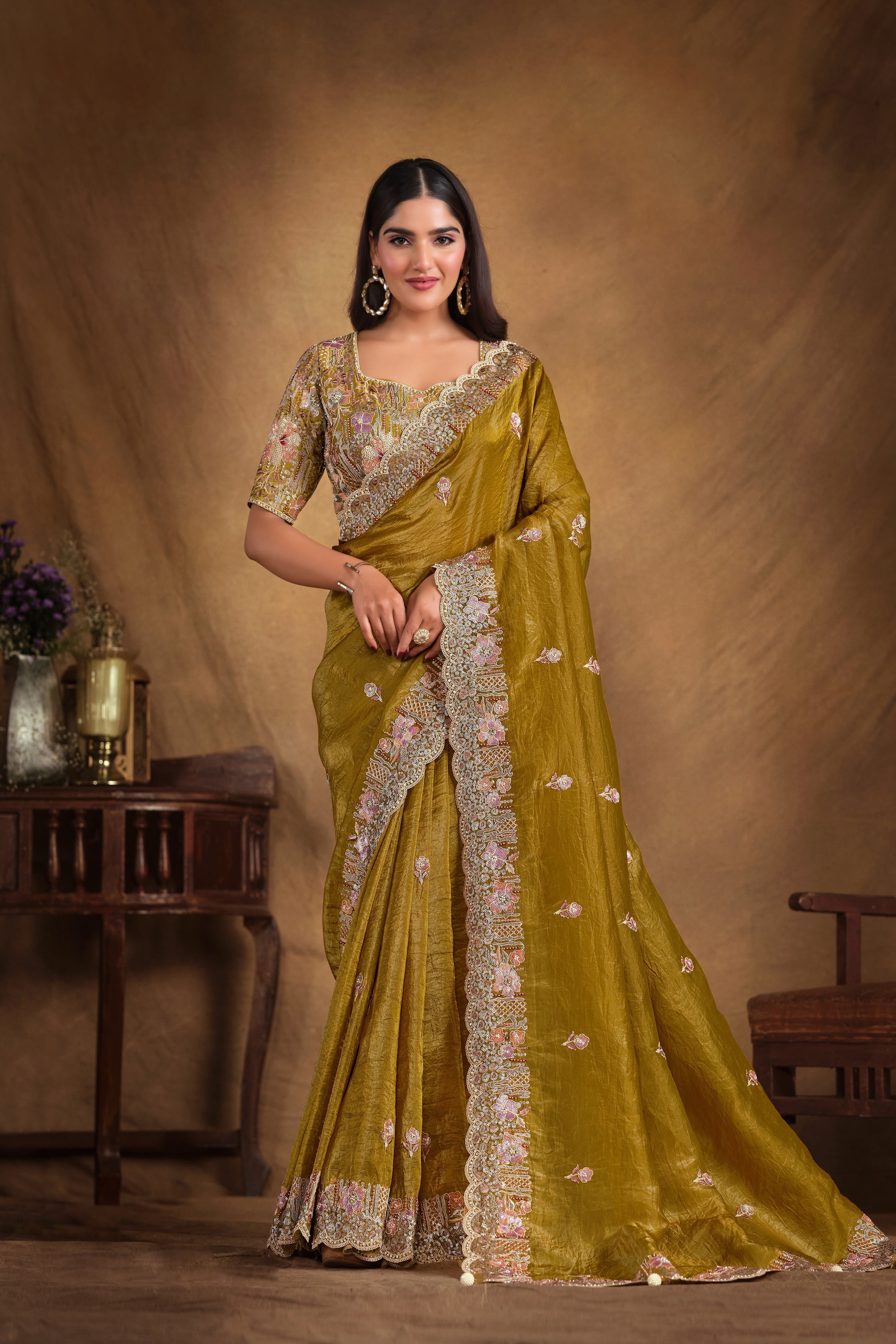 Bright Mustard Embellished Satin Silk Saree