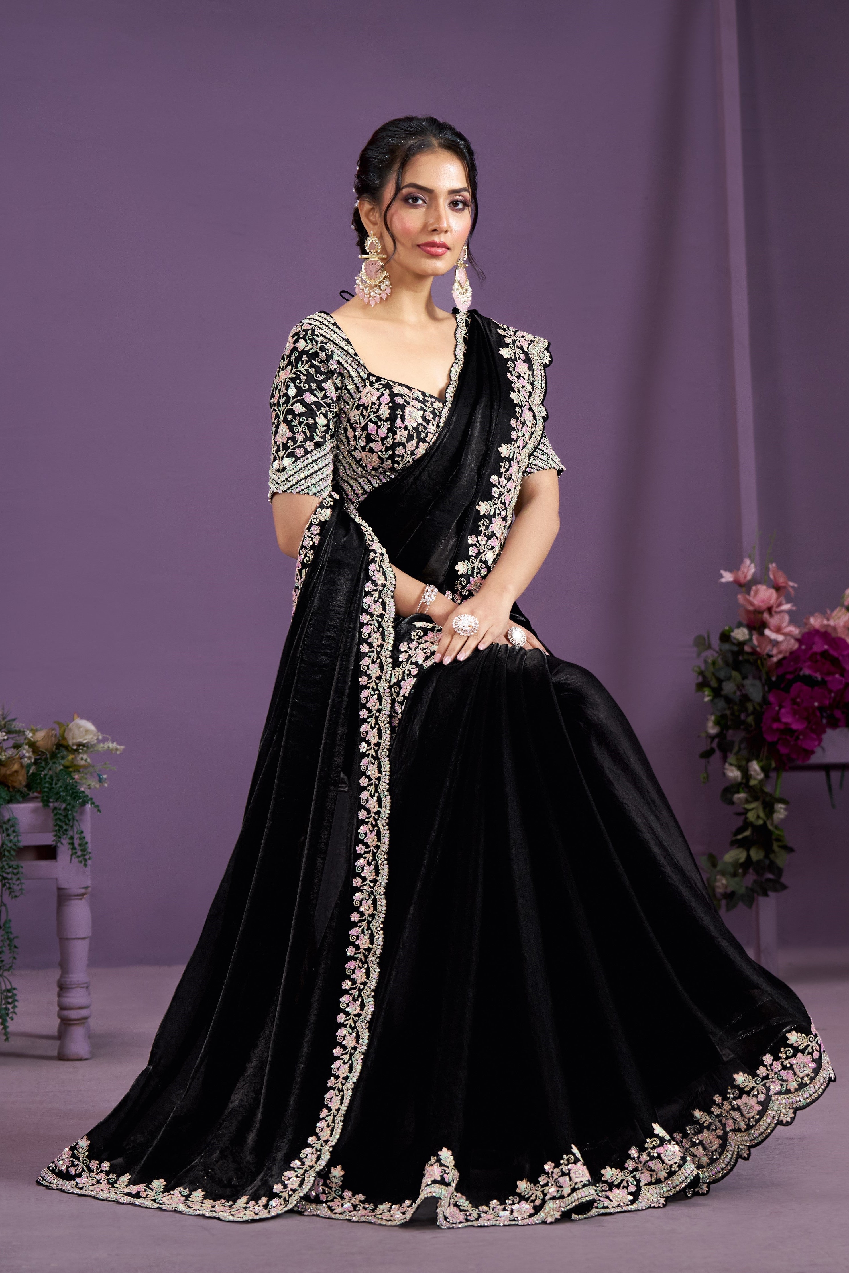 Black Embellished Satin Silk Saree