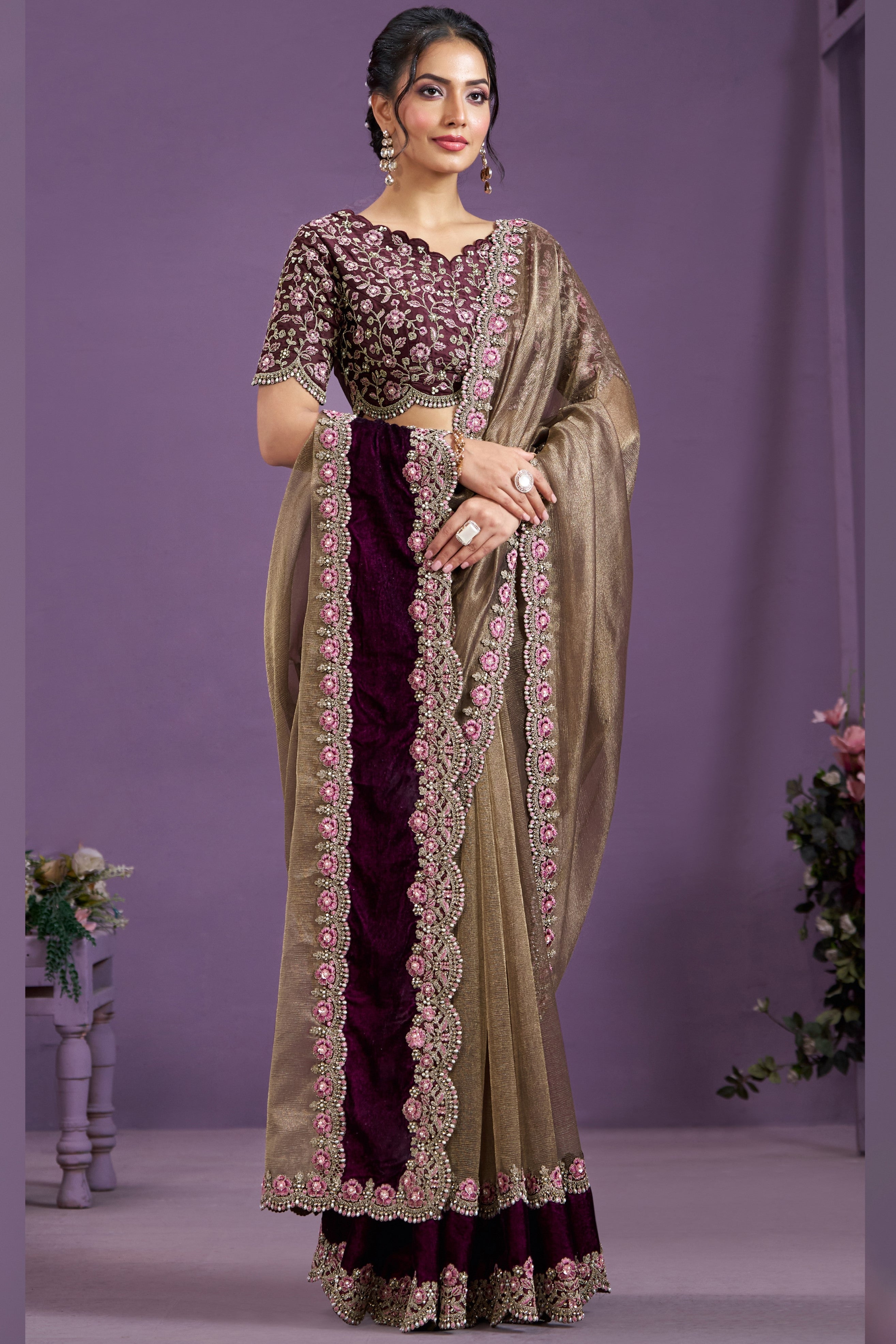 Wine Pure Banarasi Crush Silk Saree