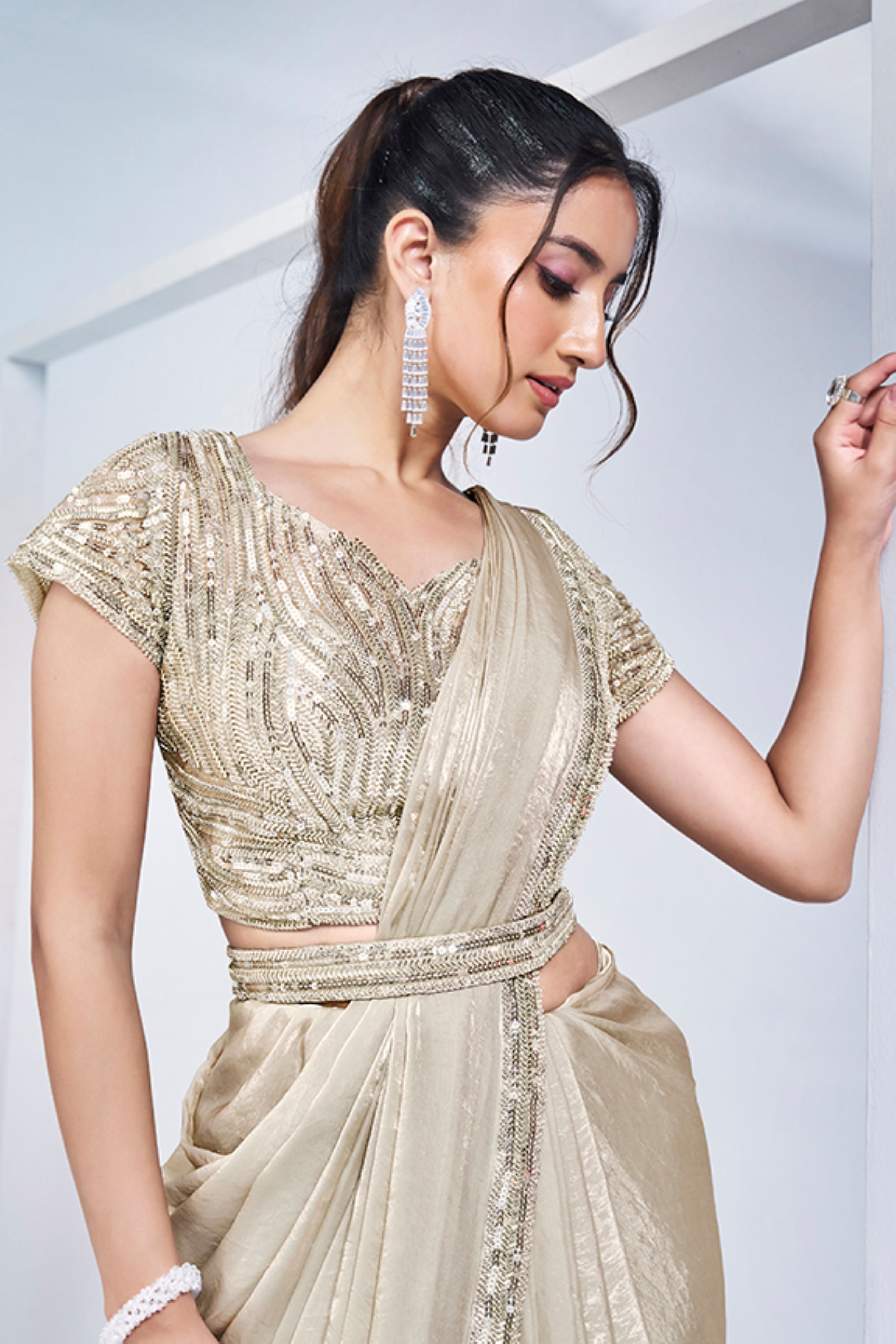 Pearl Cream Embellished Satin Silk Saree