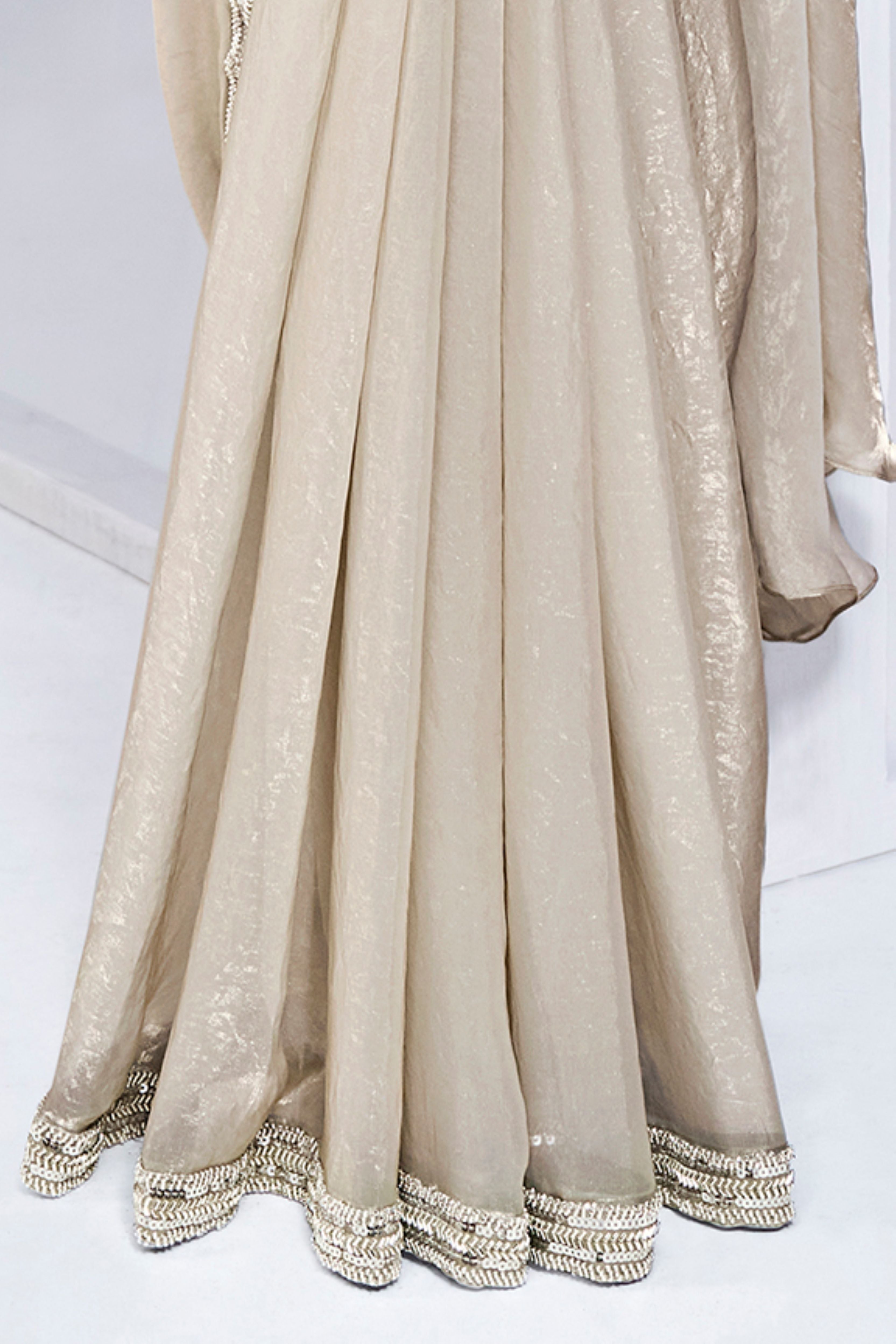 Pearl Cream Embellished Satin Silk Saree