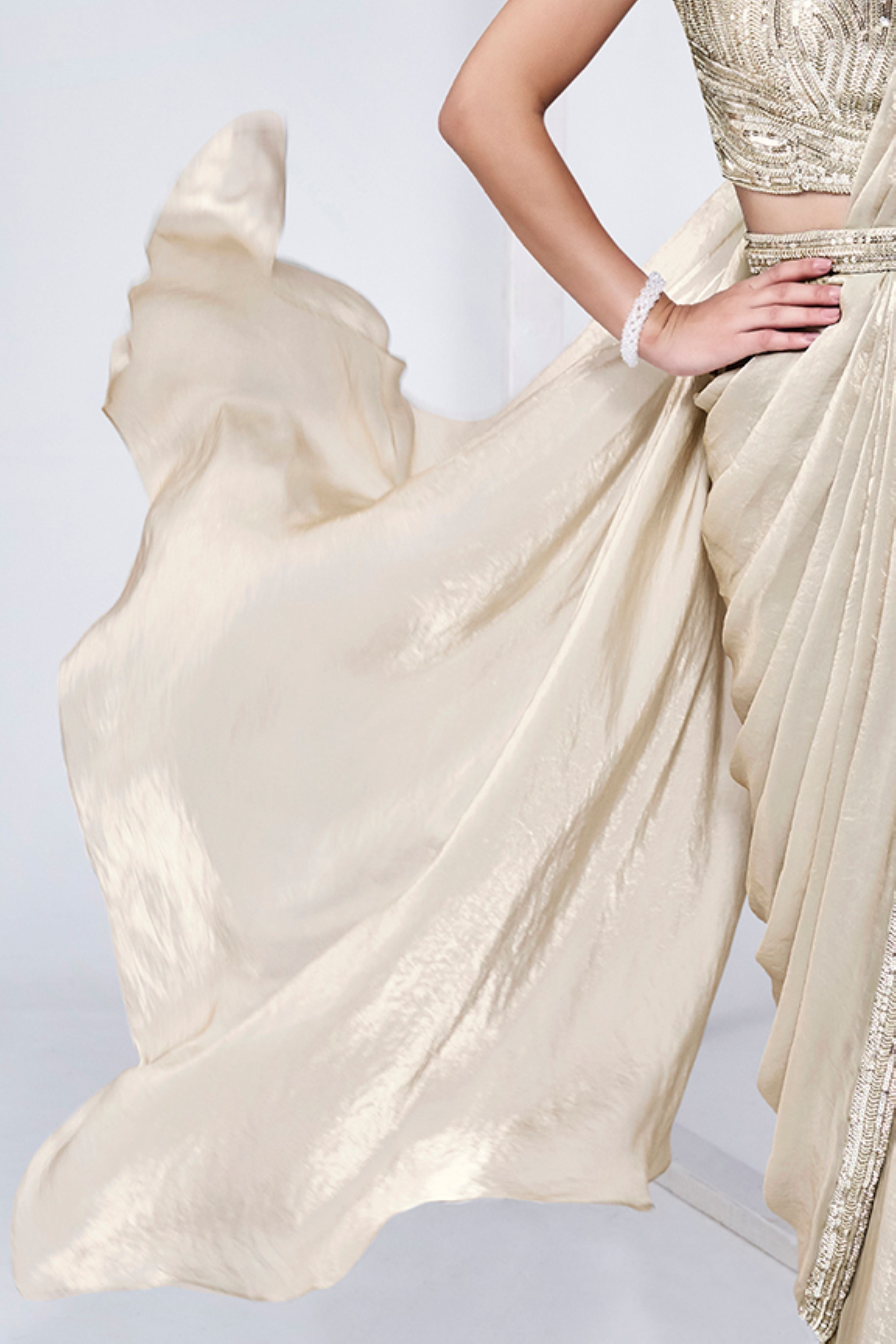 Pearl Cream Embellished Satin Silk Saree