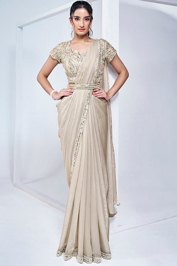 Pearl Cream Embellished Satin Silk Saree