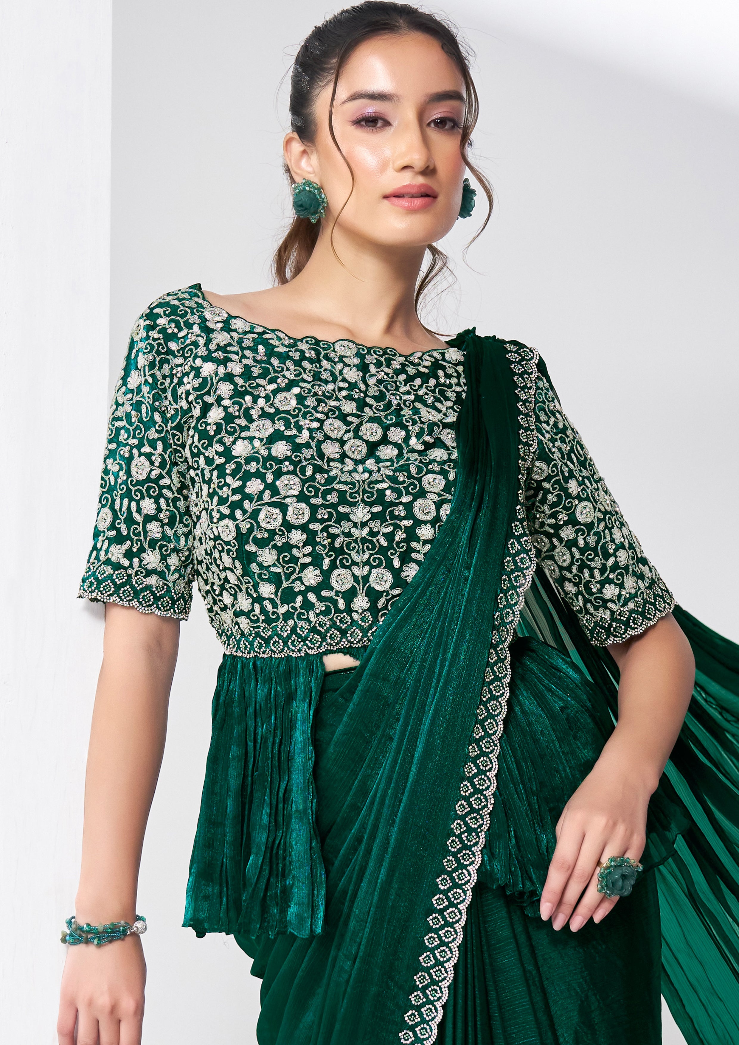 Forest Green Embellished Shimmer Chiffon Saree