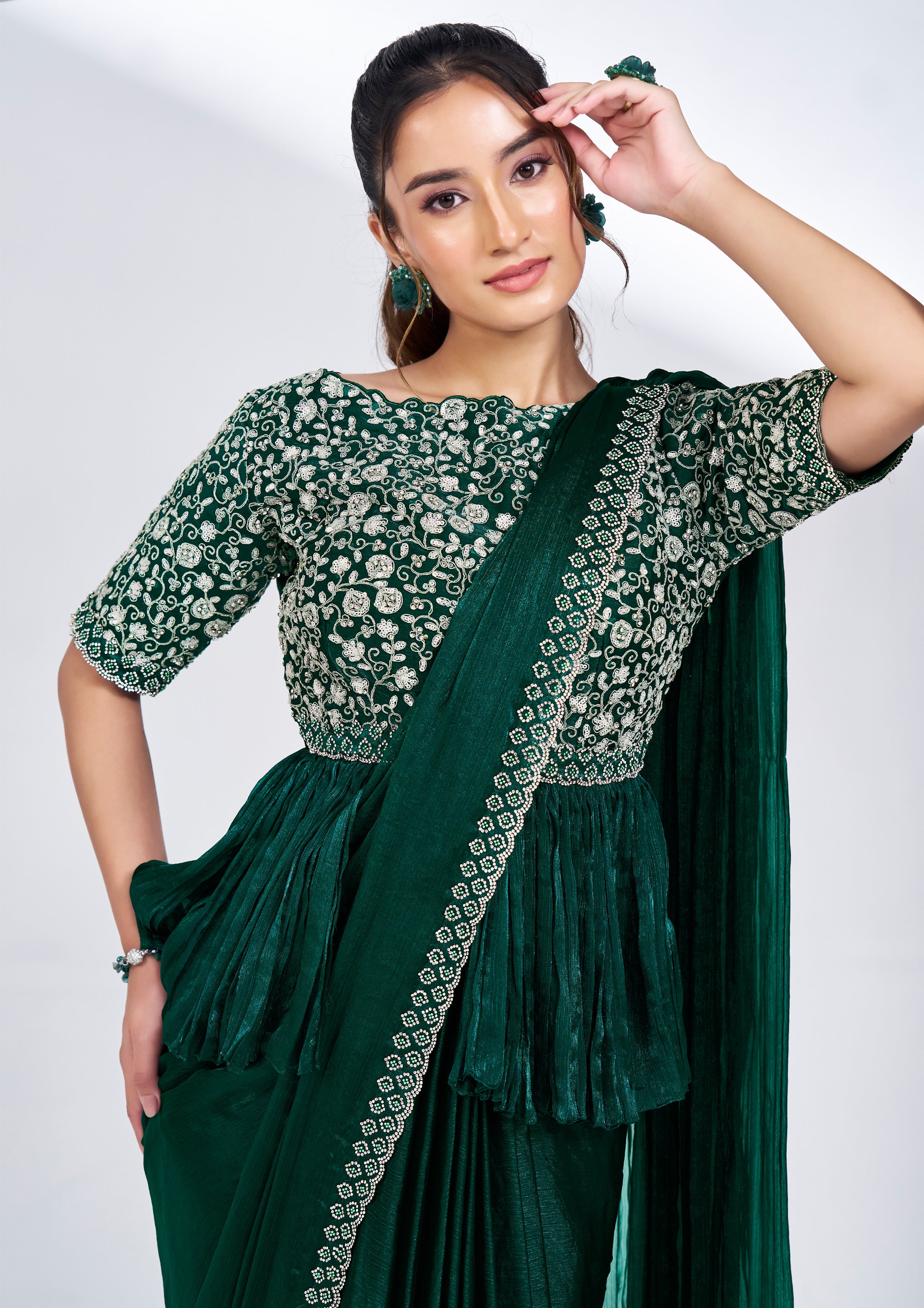 Forest Green Embellished Shimmer Chiffon Saree