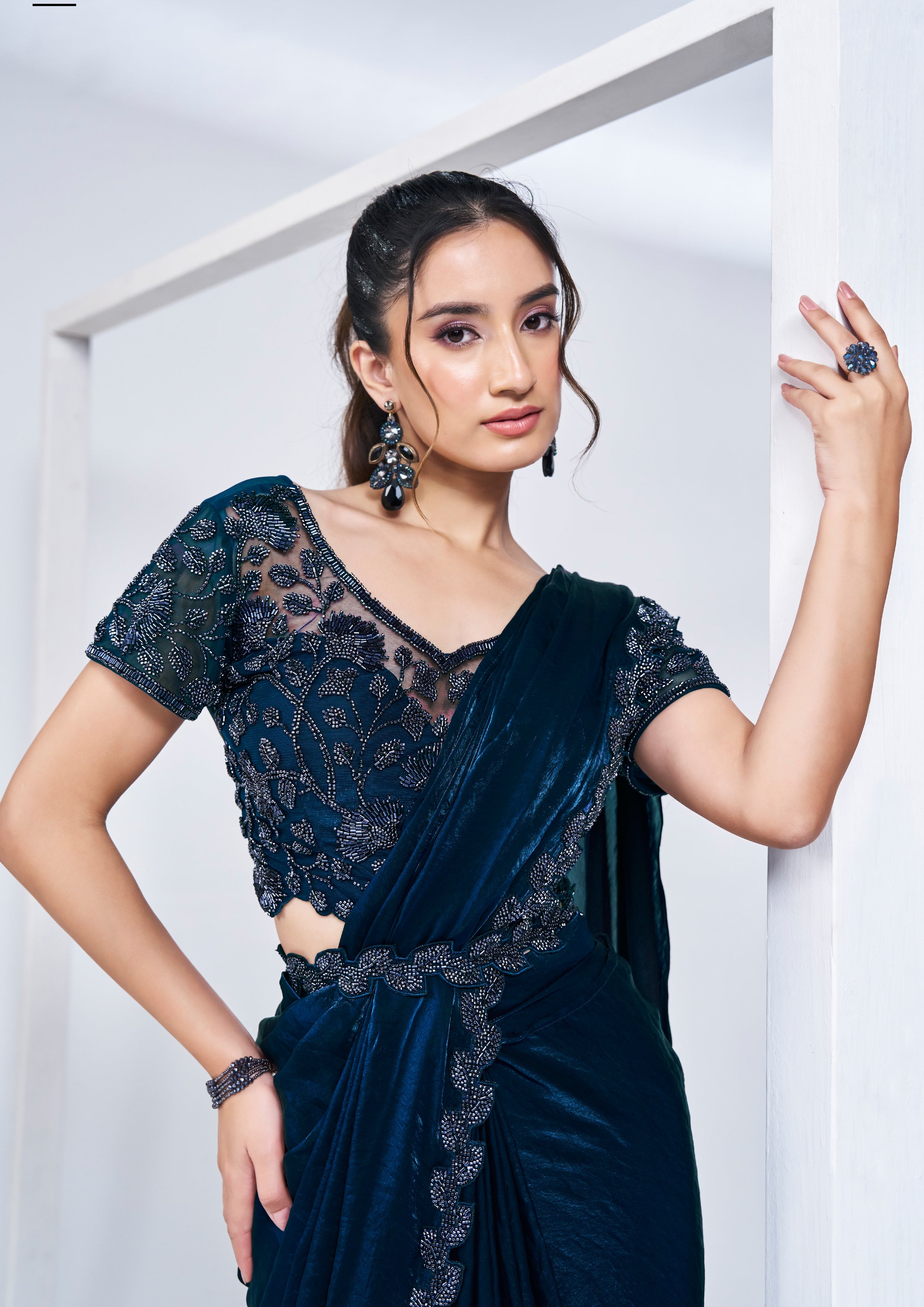 Sapphire Blue Embellished Satin Silk Saree