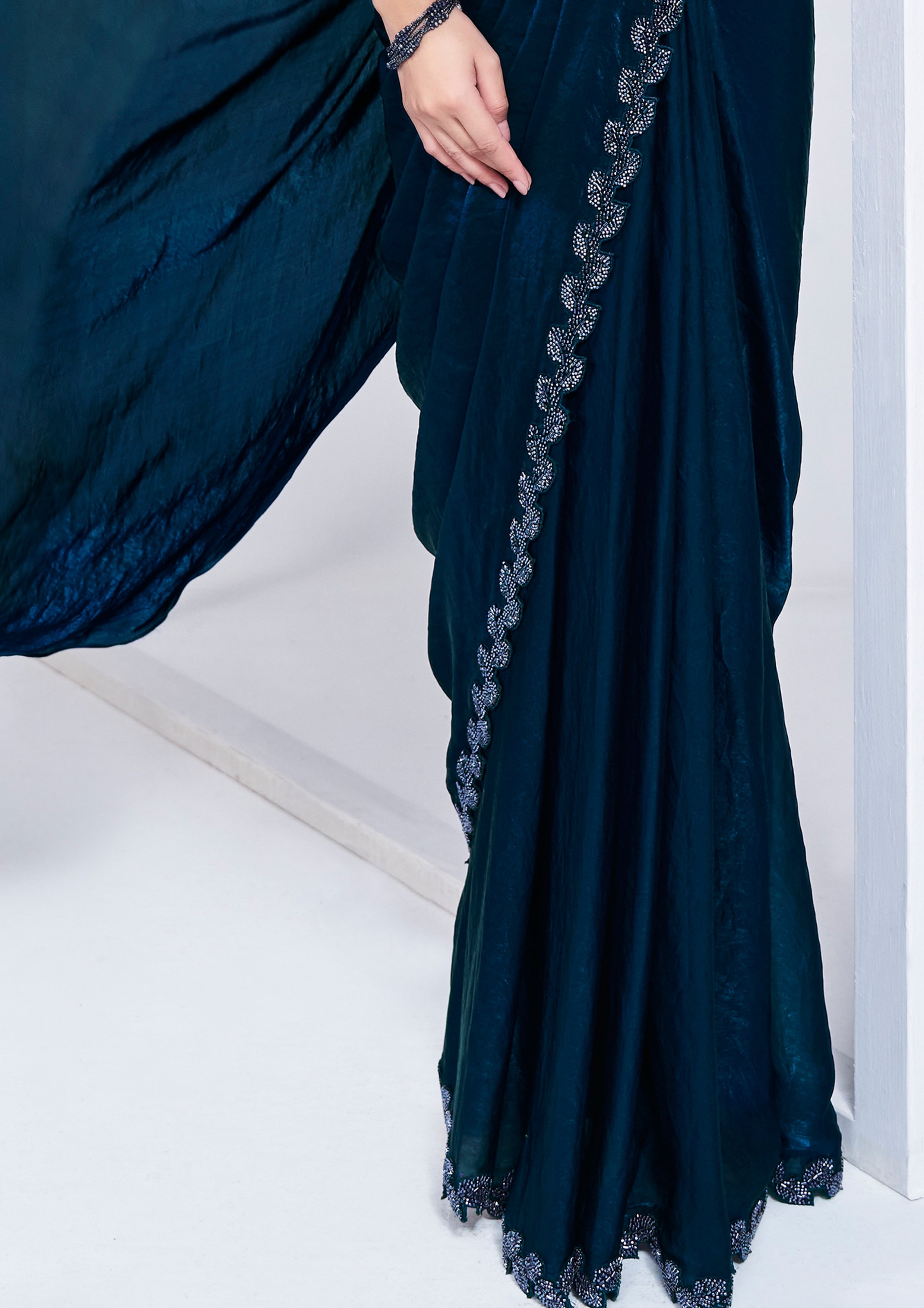 Sapphire Blue Embellished Satin Silk Saree