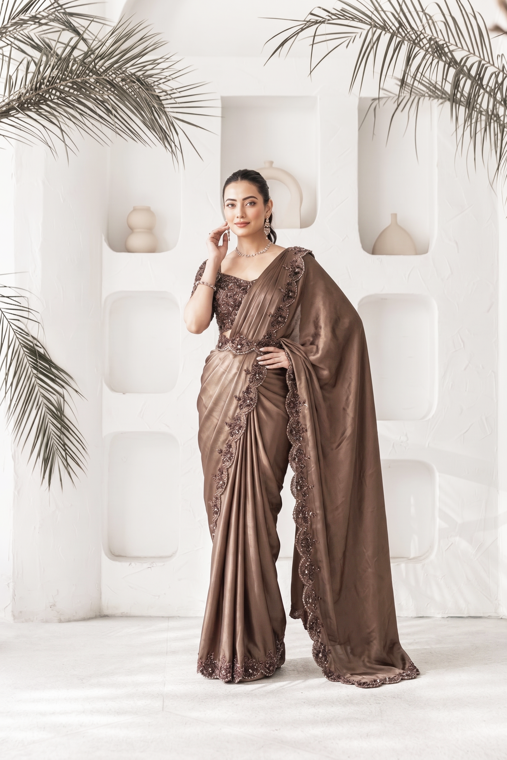 Brown Latte Embellished Satin Silk Saree